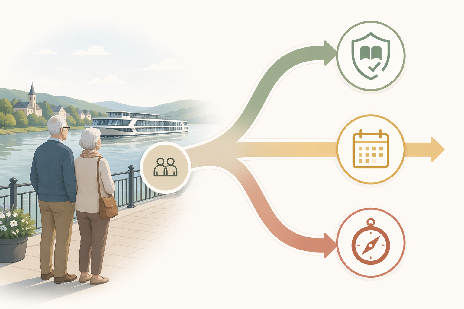 A decision-flow graphic showing three caregiver assessment outcomes for a senior trip