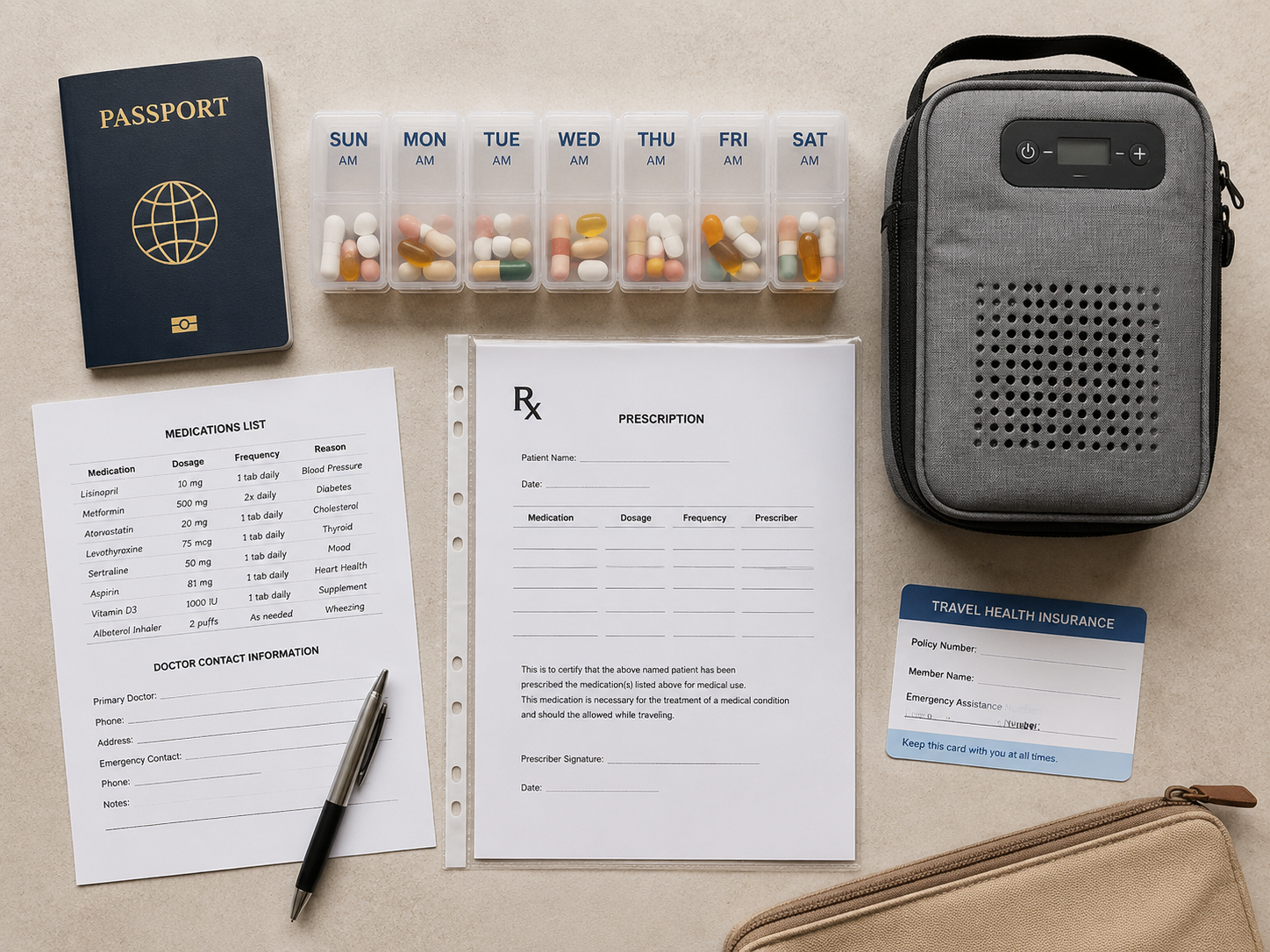 Passport, pill organizer, prescription papers, medical device case, medication list, and travel insurance card arranged for crisis travel preparation