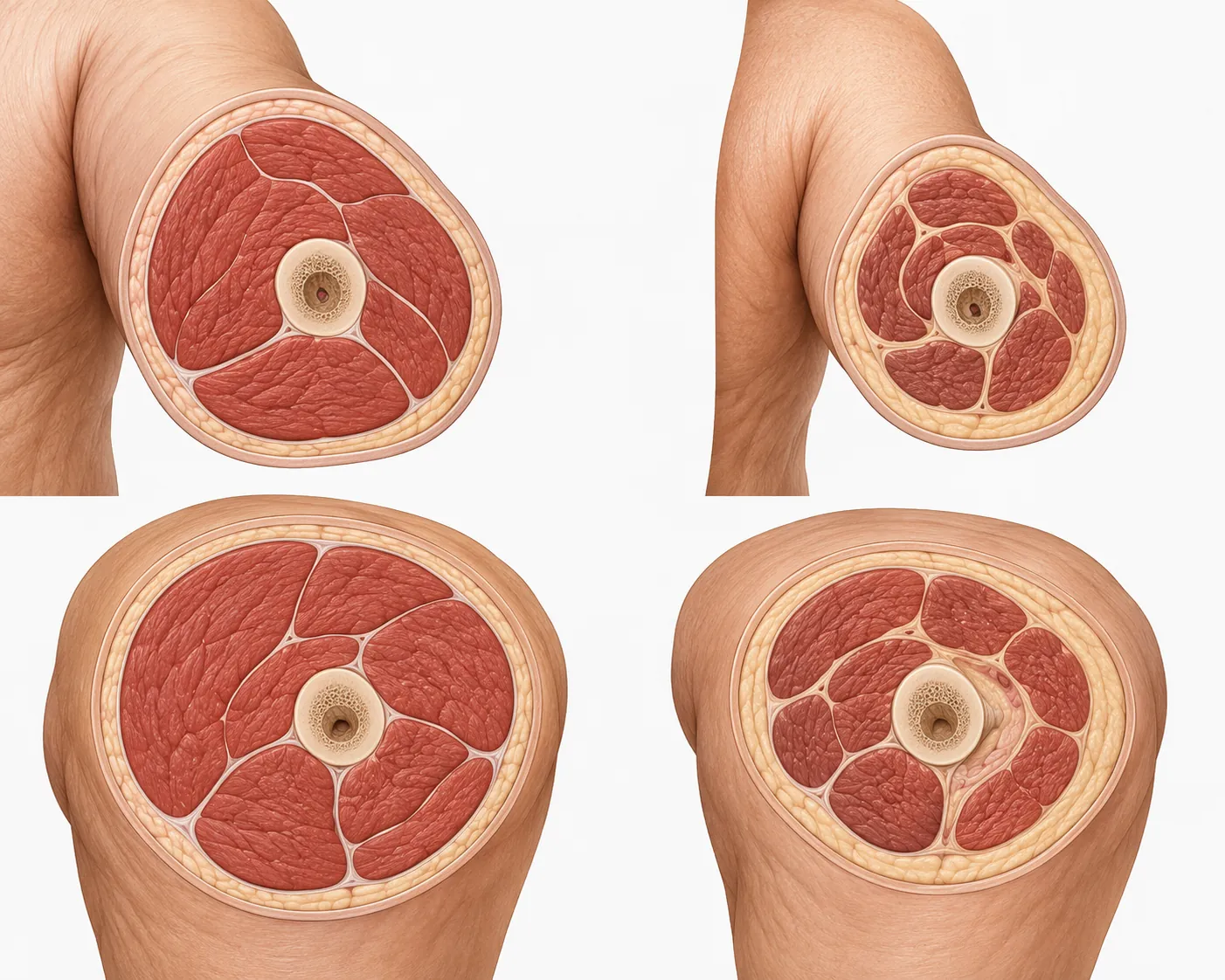 Medical illustration comparing healthy muscle mass with reduced muscle mass in an older adult