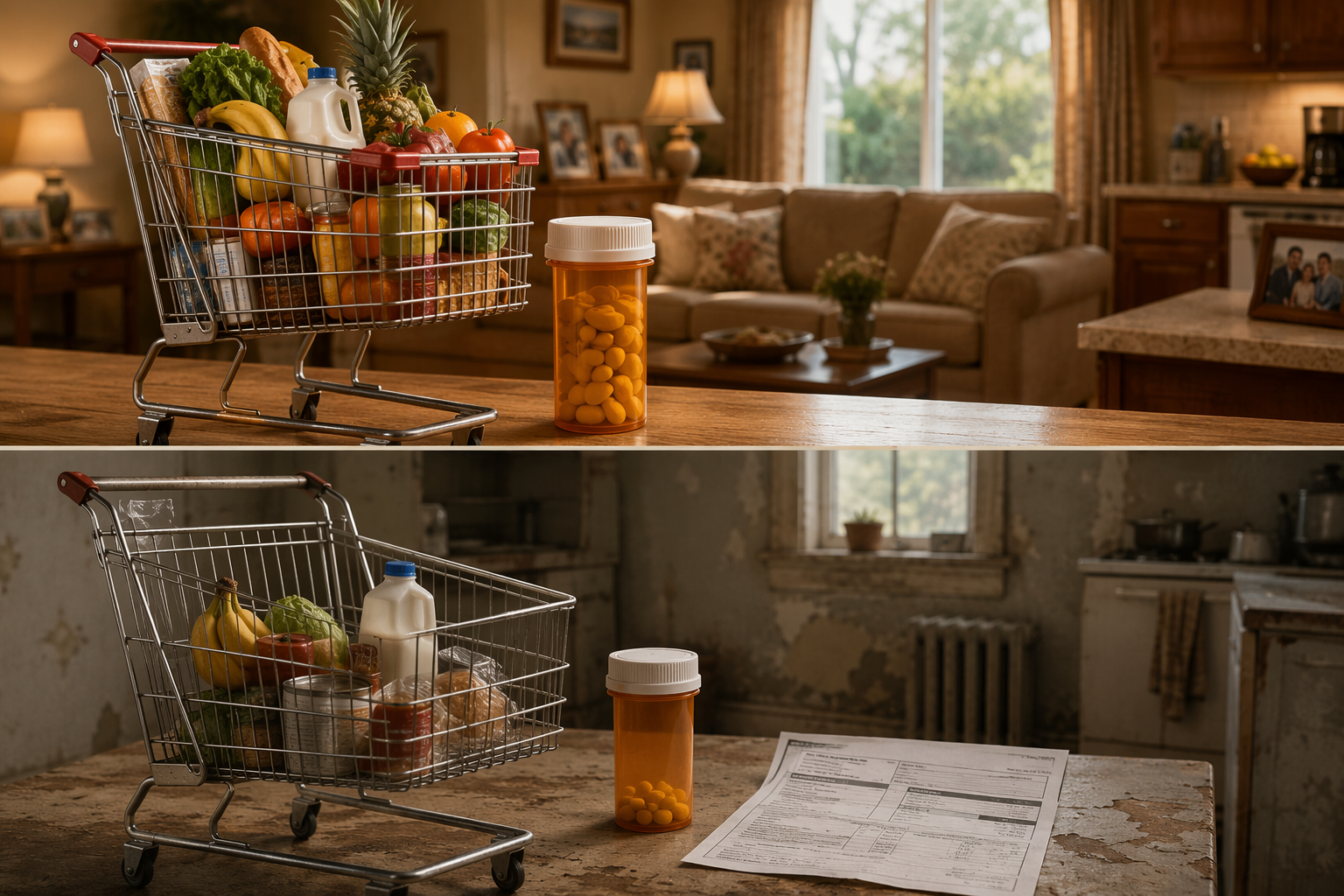 Comparison of 2011 and 2026 household costs with groceries, prescriptions, and utility bills showing reduced purchasing power over time