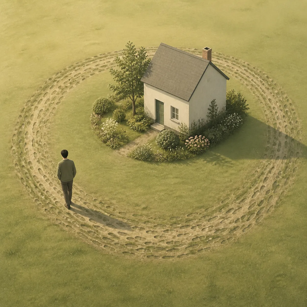 Person walking a repeated loop around a house and garden with overlapping footprints in the grass