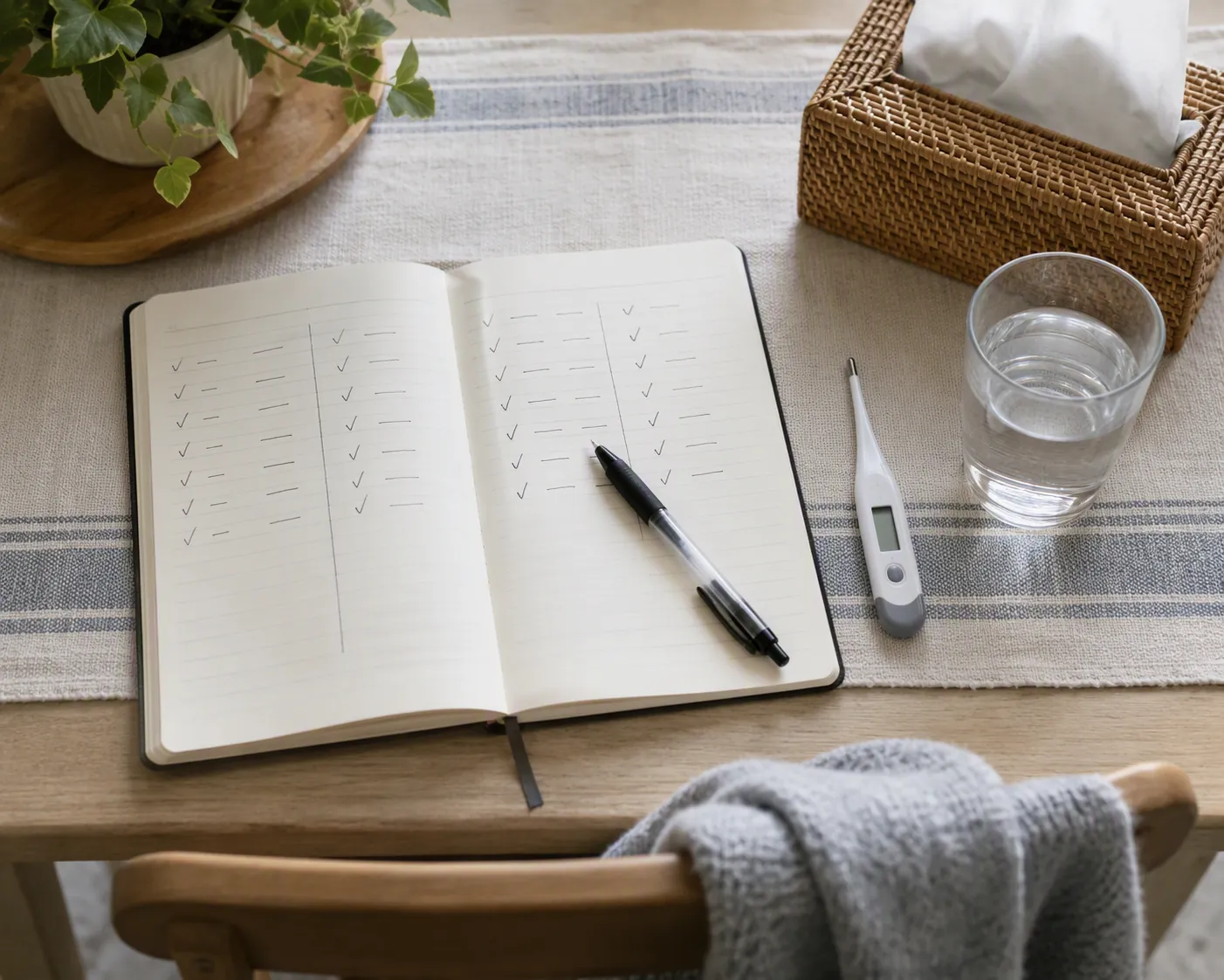 Caregiver symptom log with thermometer, pen, checkmarks, and water glass