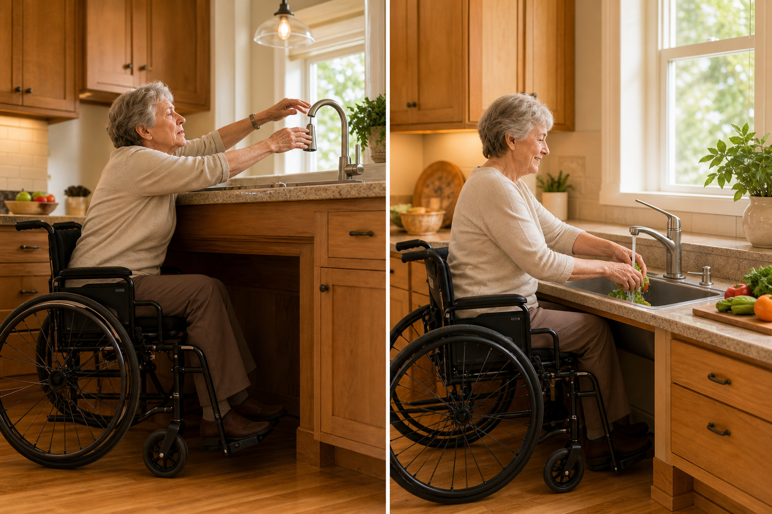 Split scene of a home kitchen before and after an aging-in-place modification. On the left, an older woman in a wheelchair struggles to reach a standard-height kitchen sink. On the right, the counter and sink have been lowered with knee-space underneath, and the same woman sits comfortably washing vegetables at the accessible height with a lever-style faucet.