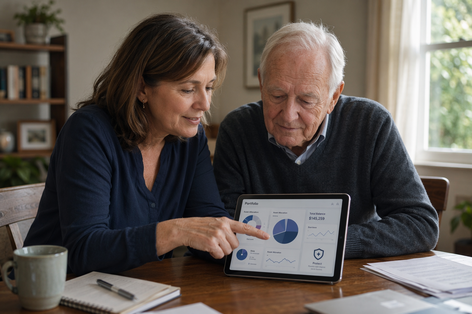 Adult daughter and elderly father reviewing a simplified financial dashboard together at a home desk