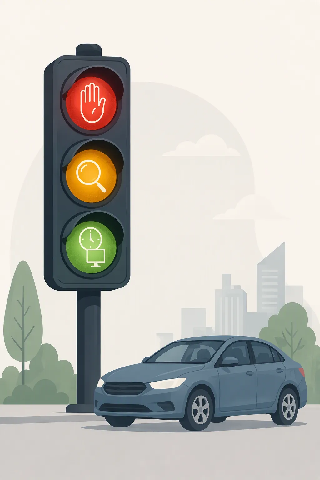Traffic light illustration showing stop, evaluate, and monitor driving decisions