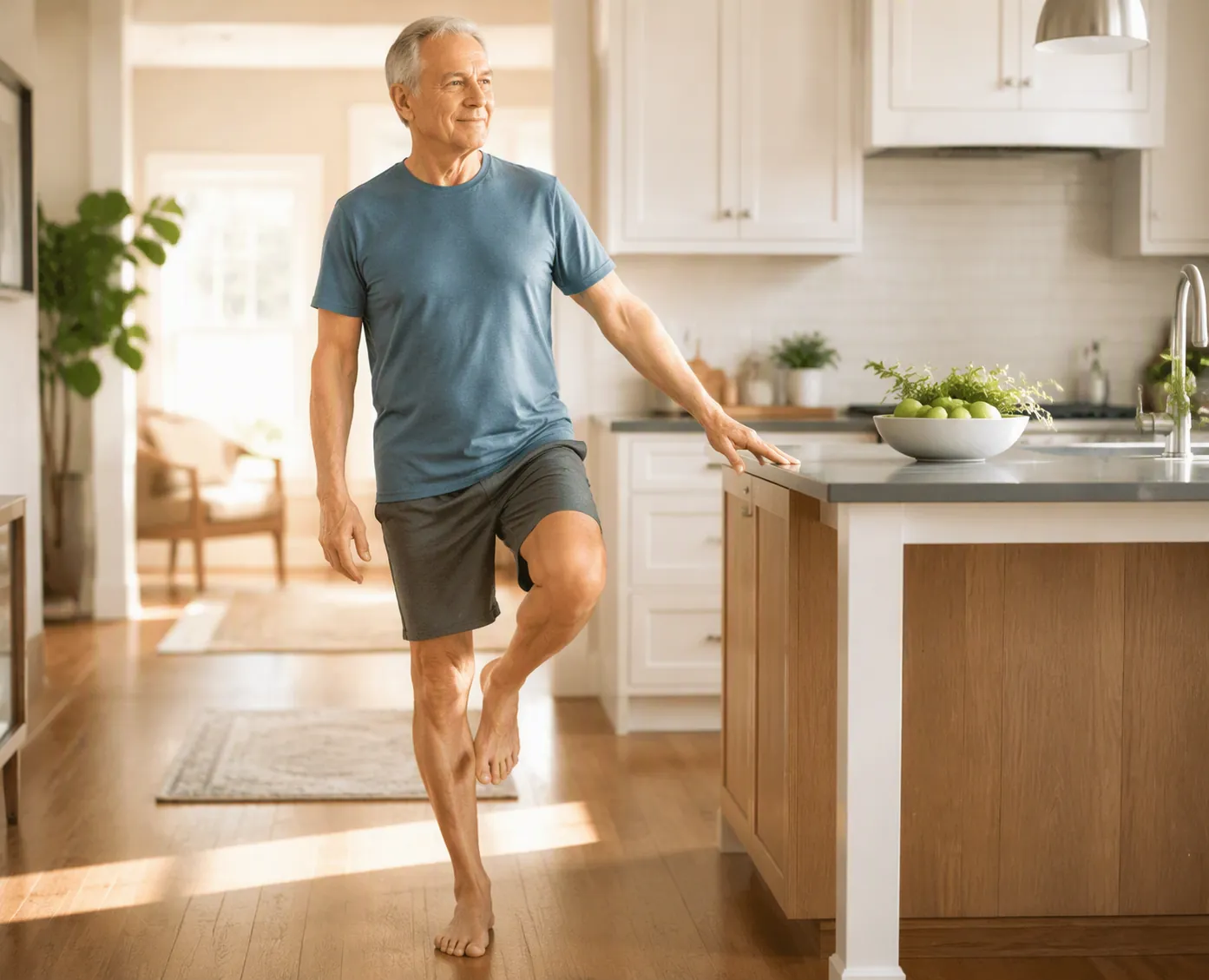 Older man standing on one foot beside a kitchen island while lightly holding the countertop for balance