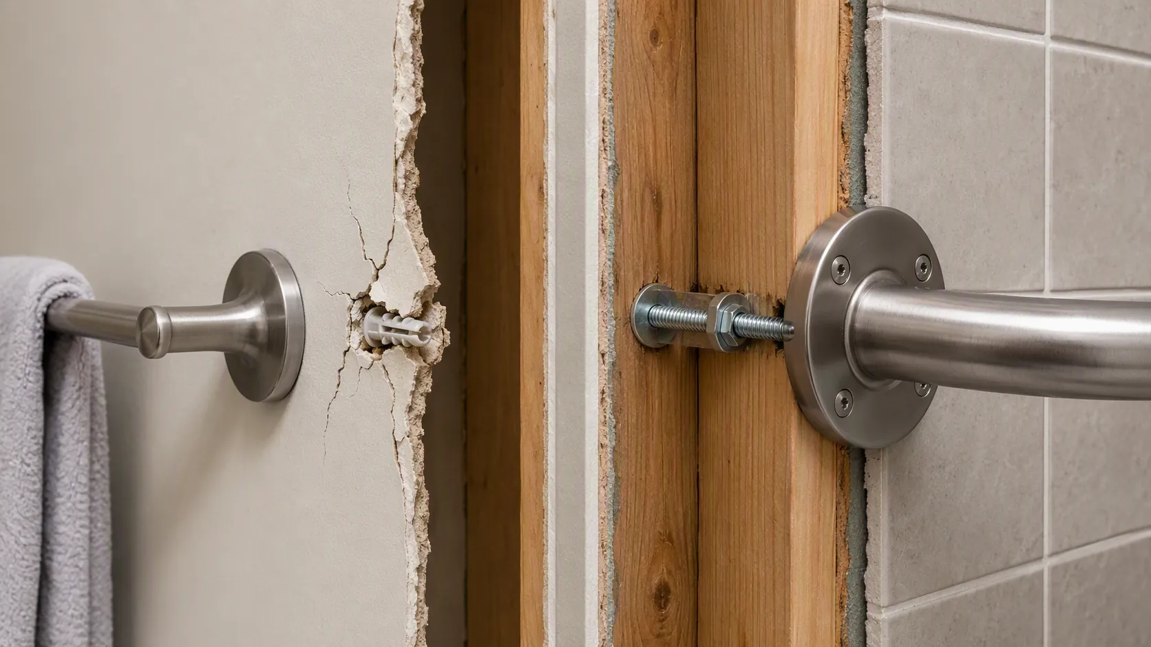 Cutaway comparison of a towel bar anchor pulling from drywall and a grab bar bolted into a wood stud