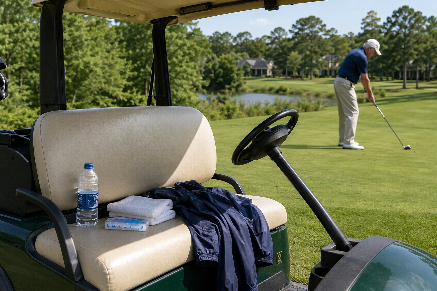 Golf cart prepared with water, medication organizer, towel, and jacket while an older golfer tees up independently
