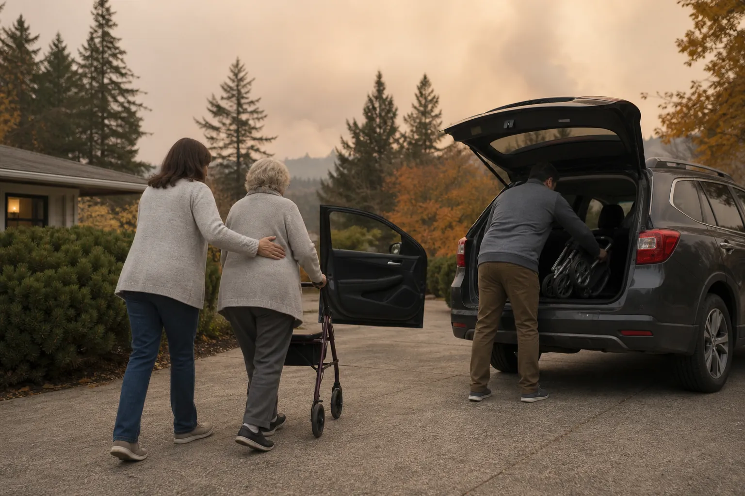 Adult child guiding an older parent with a rollator toward an open car while another family member loads a folded wheelchair into the trunk under smoky skies