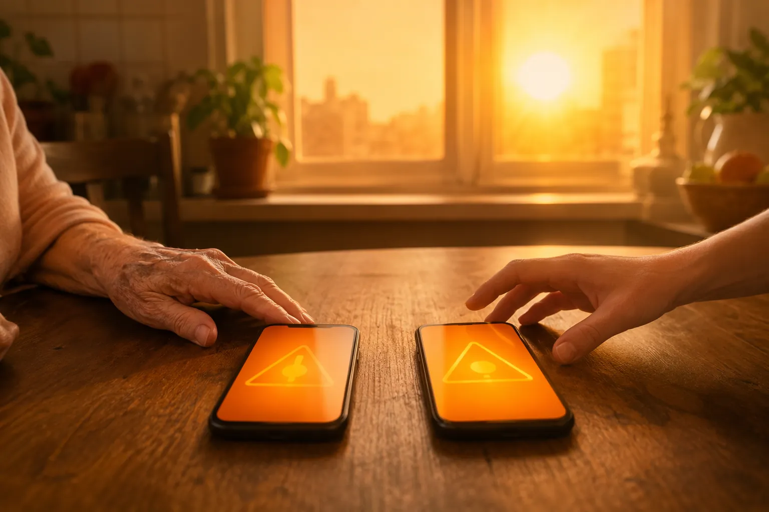 Two smartphones on a kitchen table near an older adult and younger adult, both showing amber alert-style screens