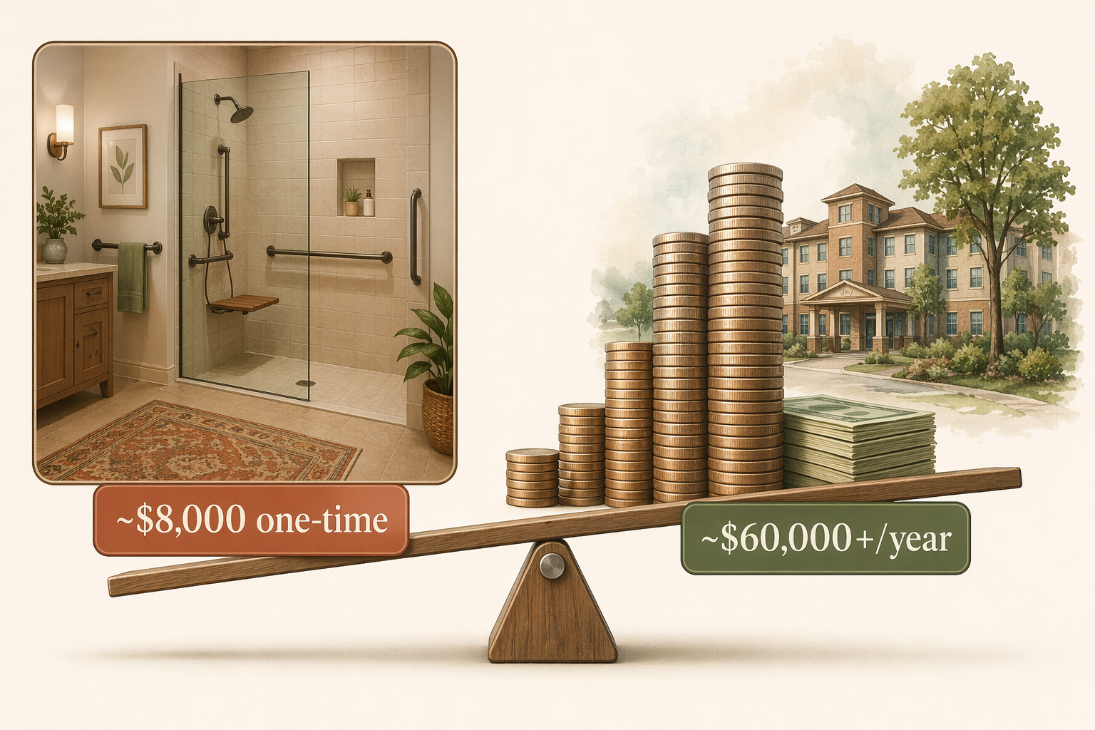 A side-by-side comparison illustration showing a bathroom with walk-in shower and grab bars labeled ~$8,000 one-time on the left versus a stack of accumulating coins with an assisted living building icon labeled ~$60,000+/year on the right.