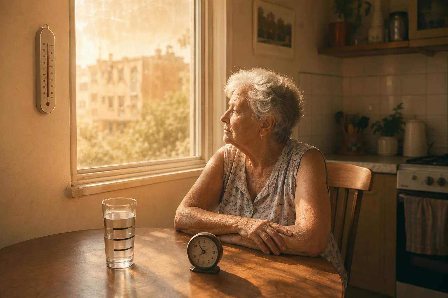 Senior woman at a kitchen table with a wall thermometer, marked water glass, and analog clock during hot weather