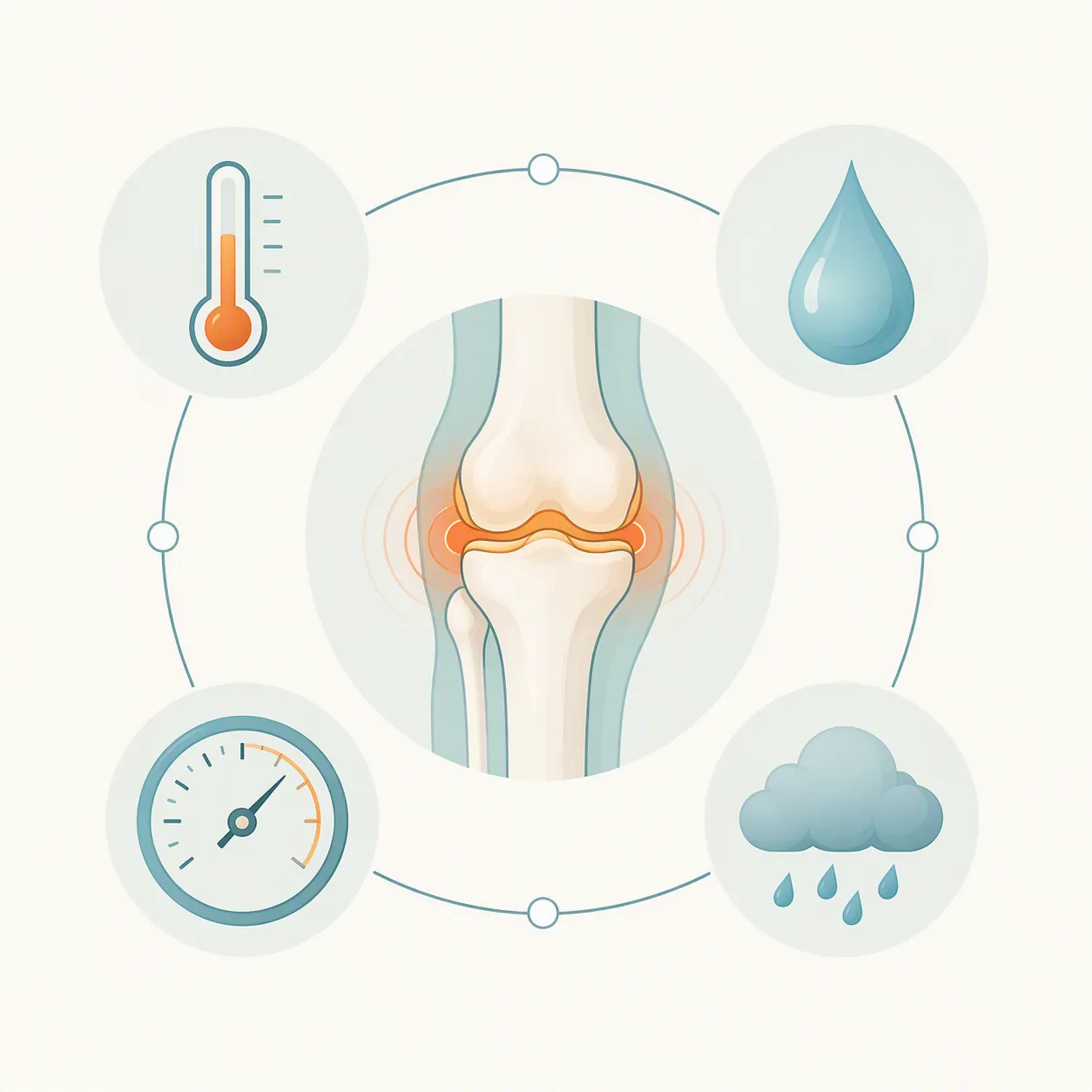 Arthritic joint icon surrounded by temperature, humidity, pressure, and precipitation symbols