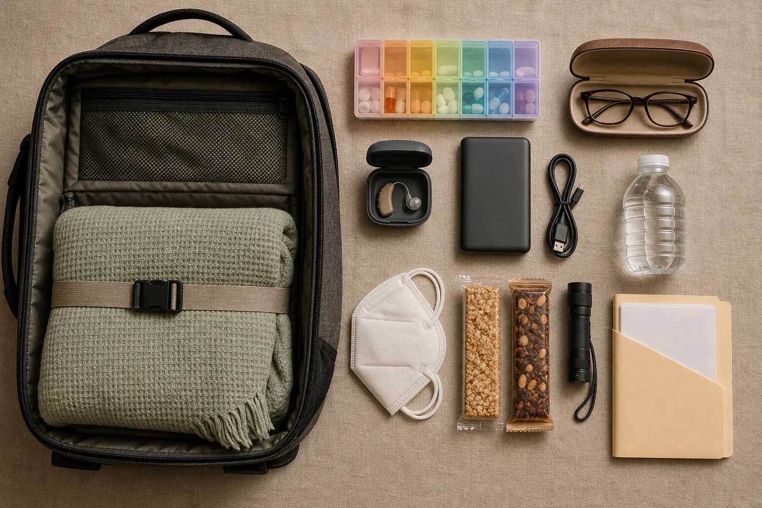 Older-adult emergency go bag with medications, glasses, hearing aid case, charger, water, N95 mask, documents, flashlight, and blanket