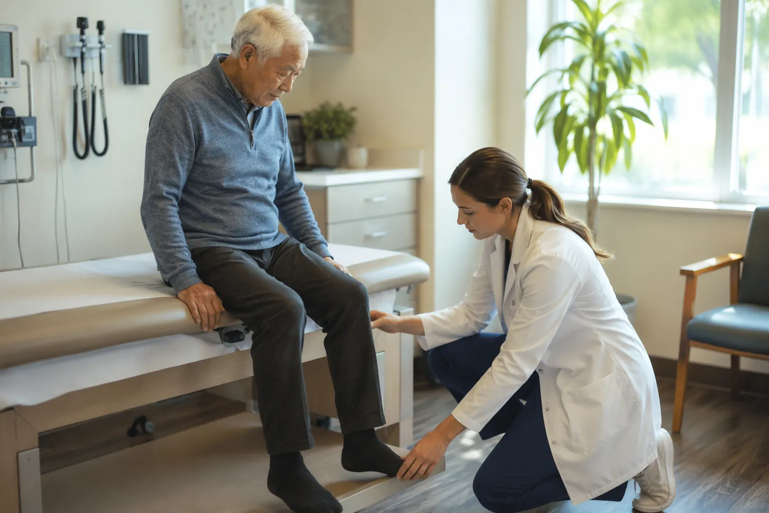 Doctor conducting a balance assessment with an older adult in a clinic
