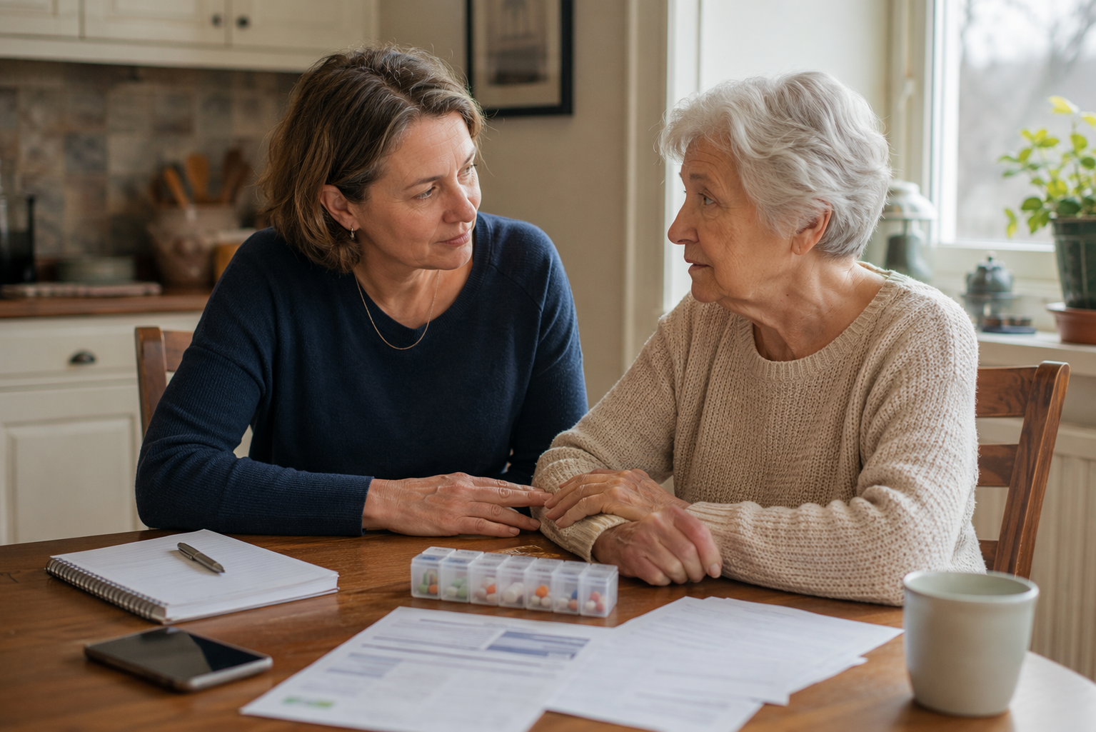 Adult child and elderly parent reviewing cancer care notes, medications, and medical documents at a kitchen table