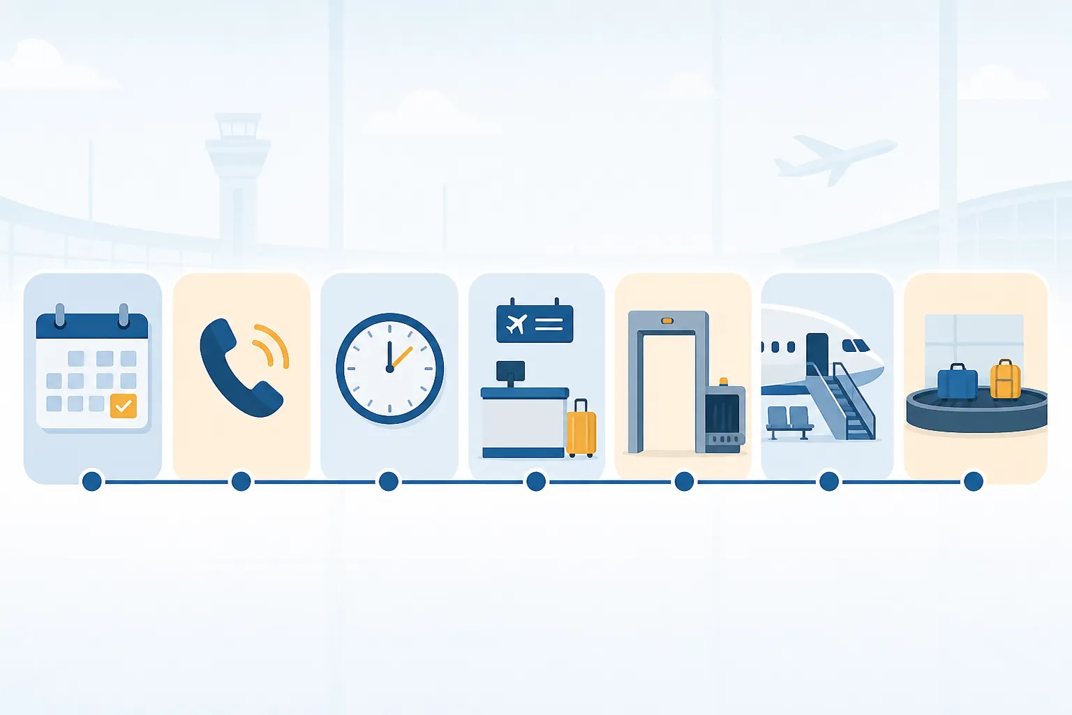 Illustrated timeline of airport assistance stages from booking through baggage claim