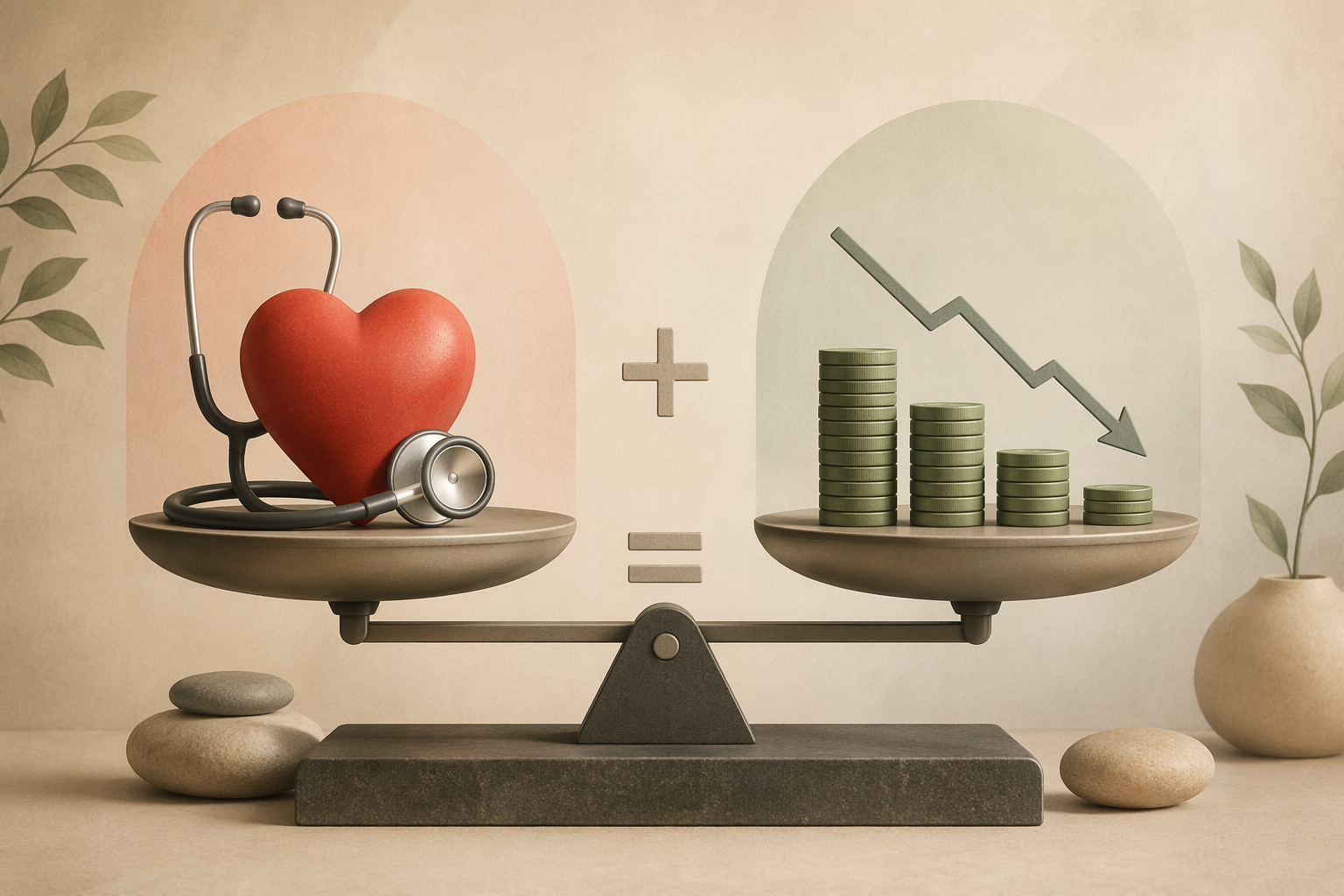 A modern editorial illustration with a balanced scale-like composition. Left side shows a heart and stethoscope in muted red tones representing health costs. Right side shows a coin stack and downward arrow in green-gray tones representing financial costs.