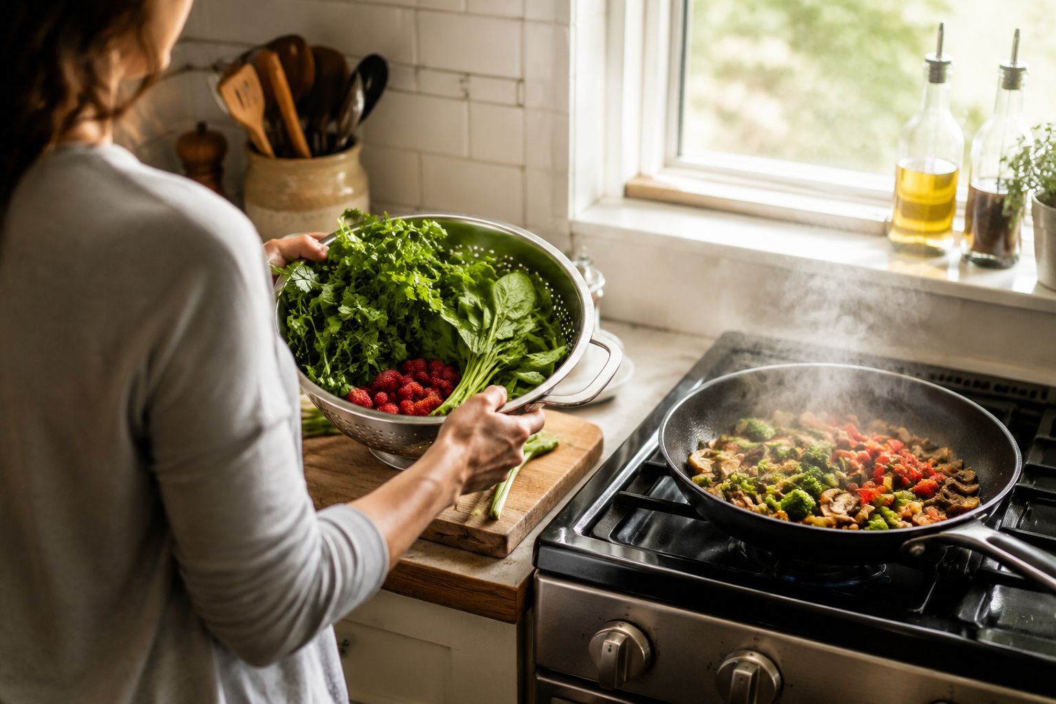 Adult daughter in a home kitchen holding raw herbs, leafy greens, and raspberries while vegetables cook on the stove