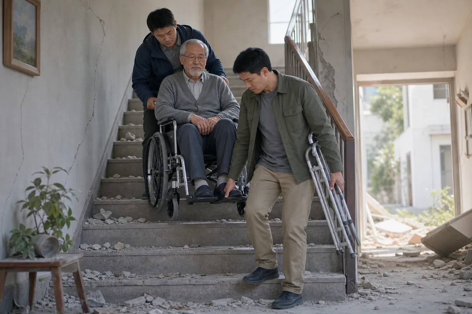 Two caregivers helping an older wheelchair user descend stairs after an earthquake while carrying a folded walker