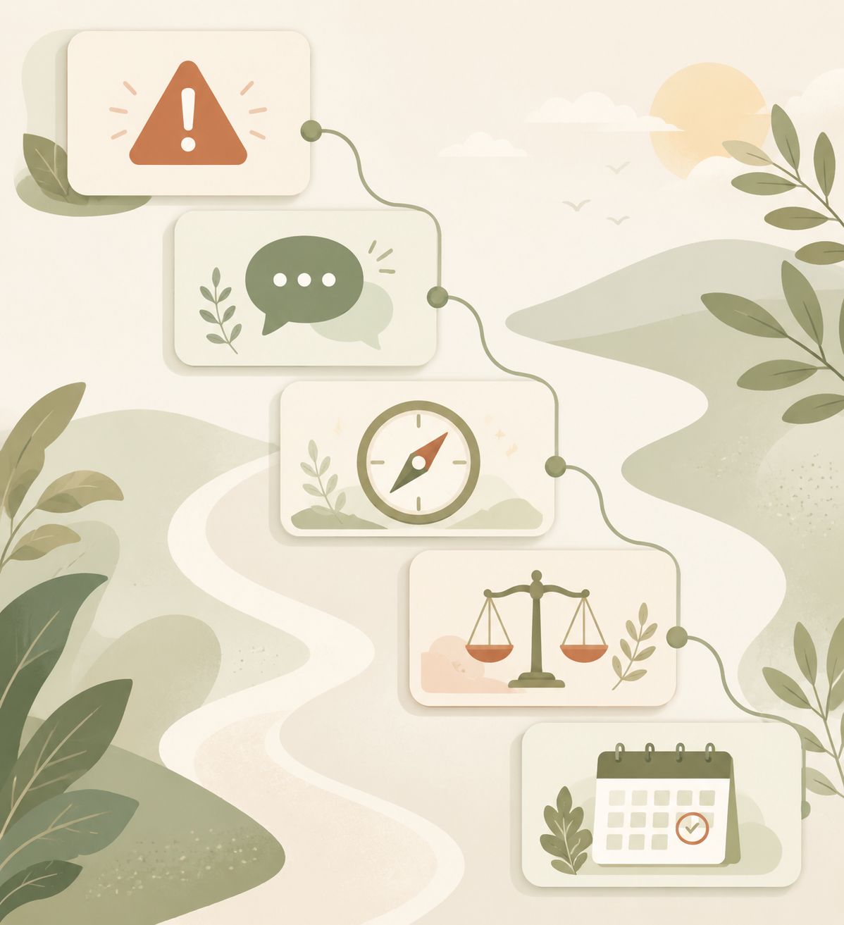 Five decision cards connected in a pathway with icons for risk, wishes, values, alternatives, and review