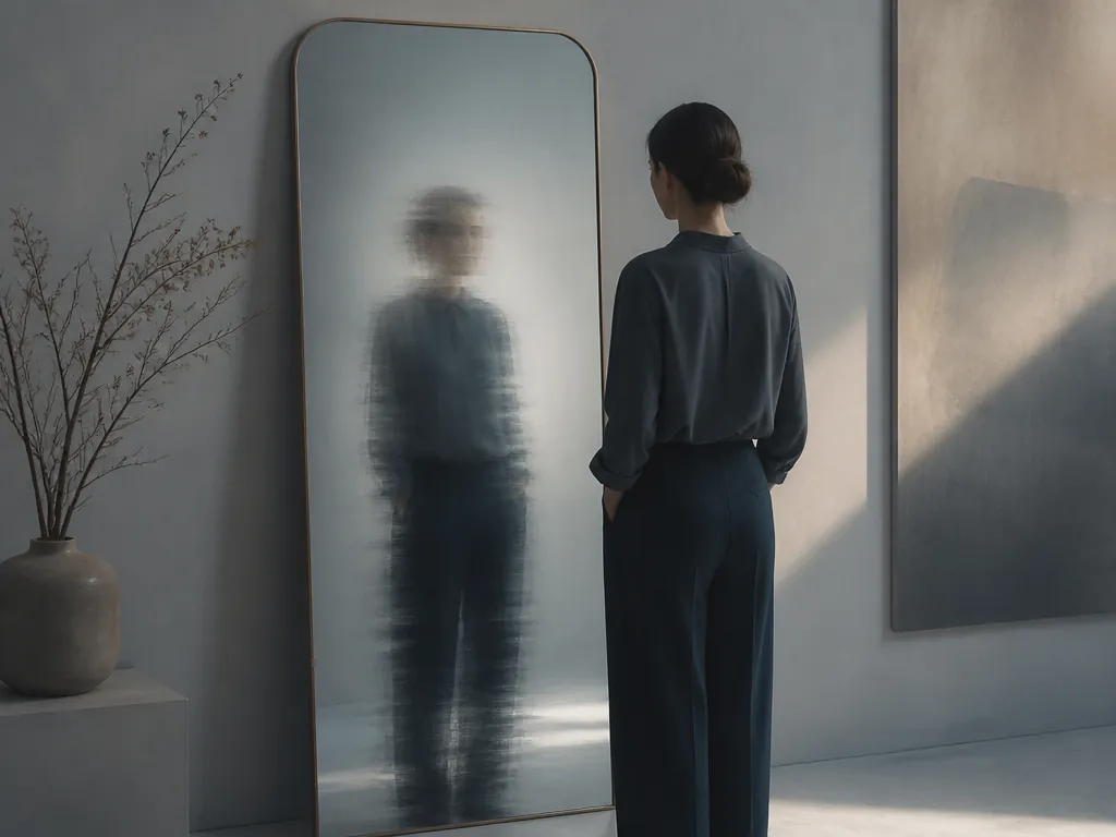 Person facing a mirror with a blurred reflection symbolizing lack of awareness of deficits