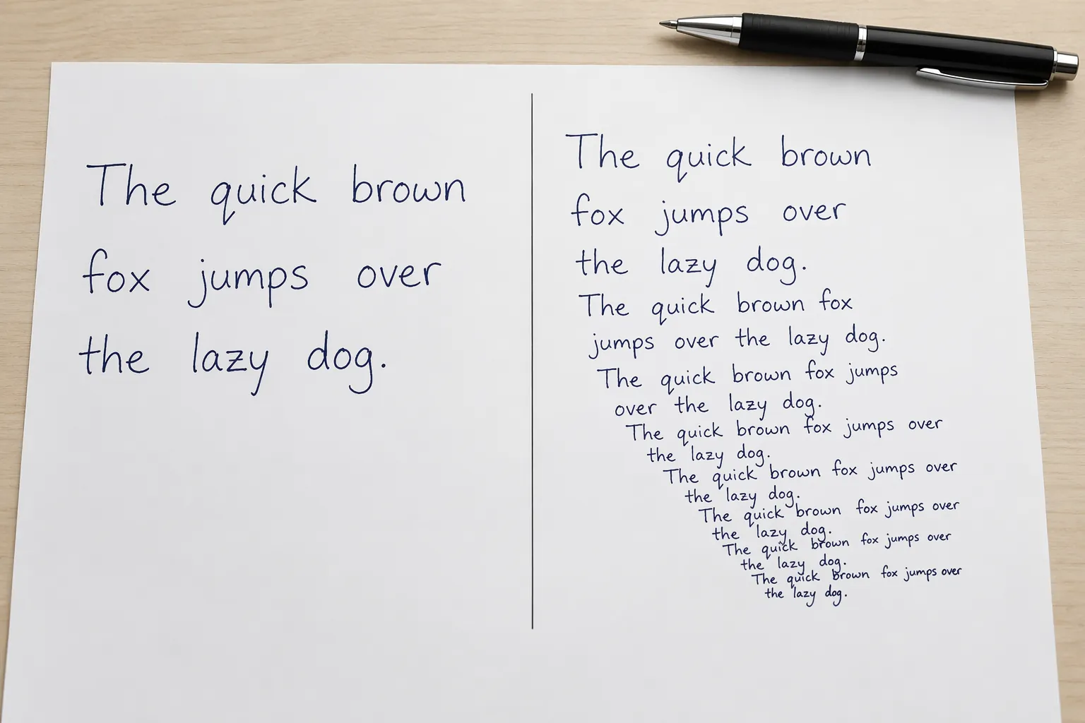 Side-by-side handwriting comparison showing normal writing and smaller cramped handwriting
