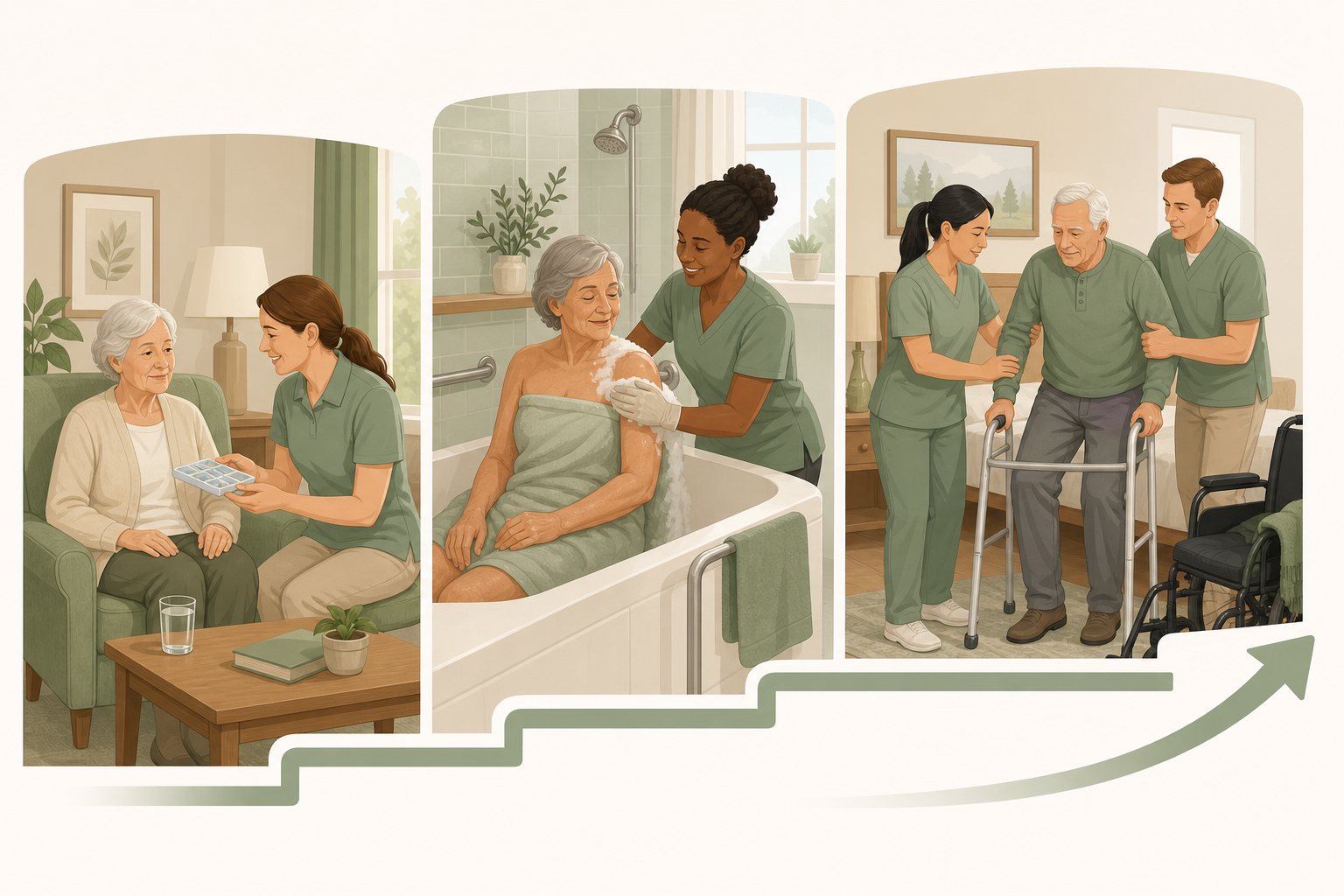 A warm vector illustration showing three side-by-side scenes of assisted living care levels: Level 1 with minimal medication assistance, Level 2 with caregiver helping a resident with bathing, and Level 3 with two caregivers assisting with transfer and mobility, all in a residential setting with sage green and beige tones connected by a subtle upward step graphic.
