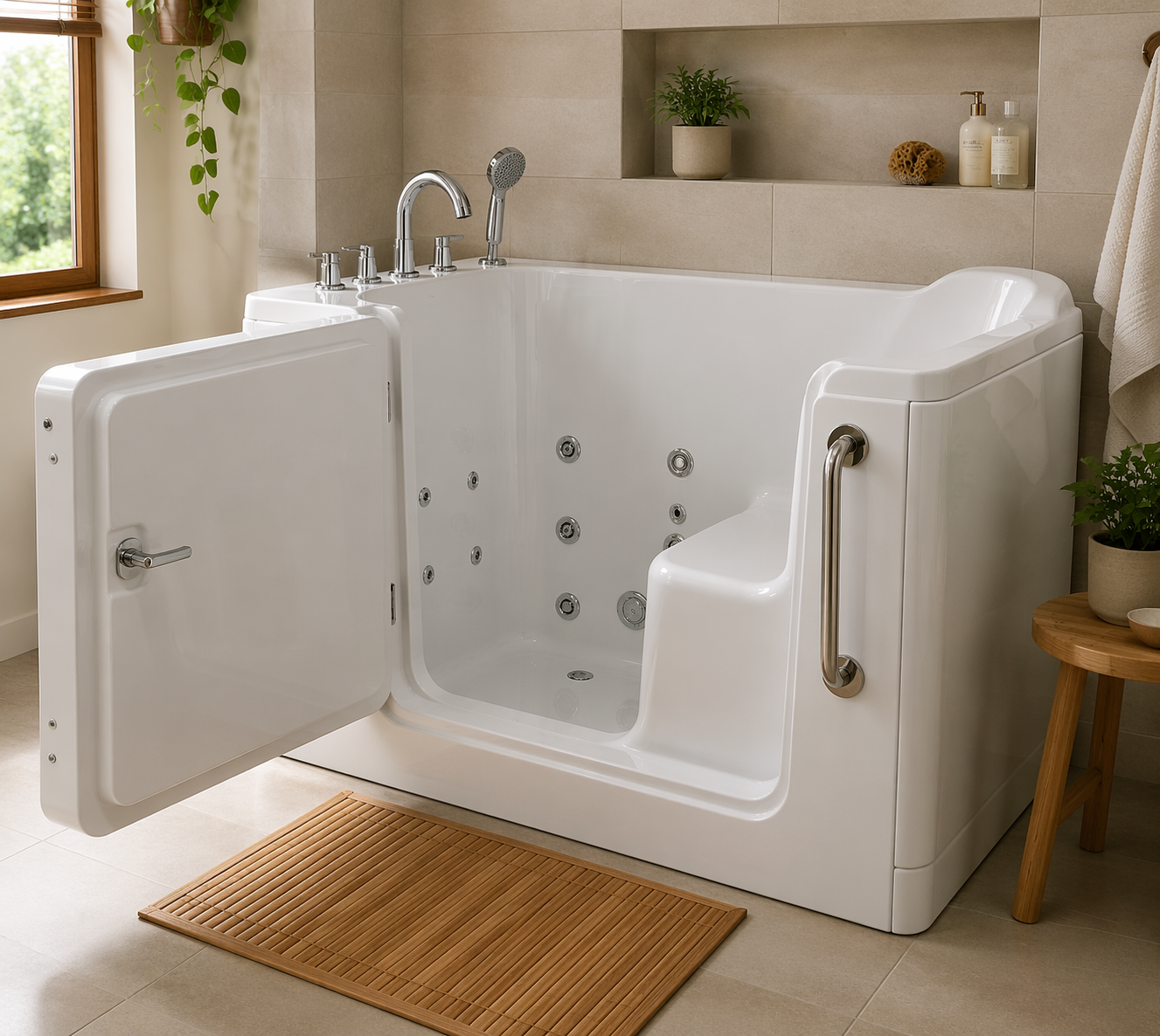 An editorial bathroom scene showing a white acrylic walk-in bathtub with a low outward-swing door, a contoured built-in seat, and chrome hydrotherapy jets along the tub wall. A grab bar is mounted near the entry door.