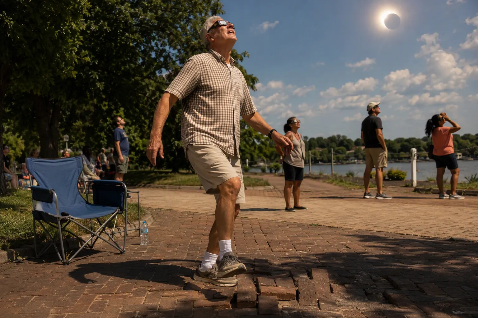 Older man mid-step on uneven sidewalk looking up through eclipse glasses while other people stand nearby
