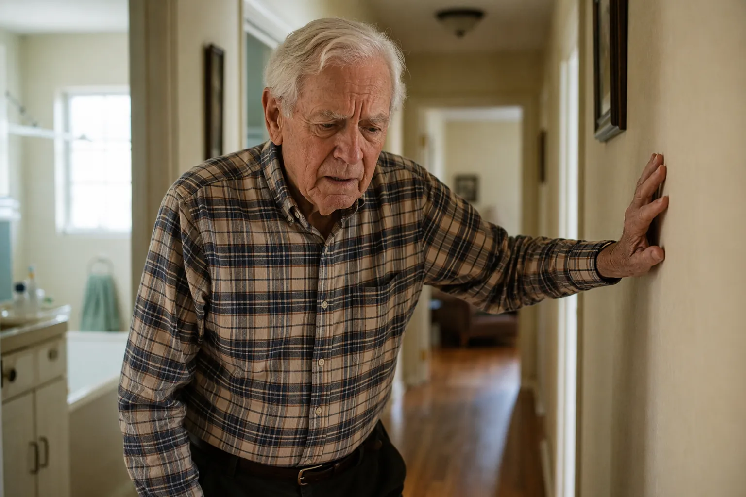 Older adult man bracing himself against a hallway wall near a bathroom door