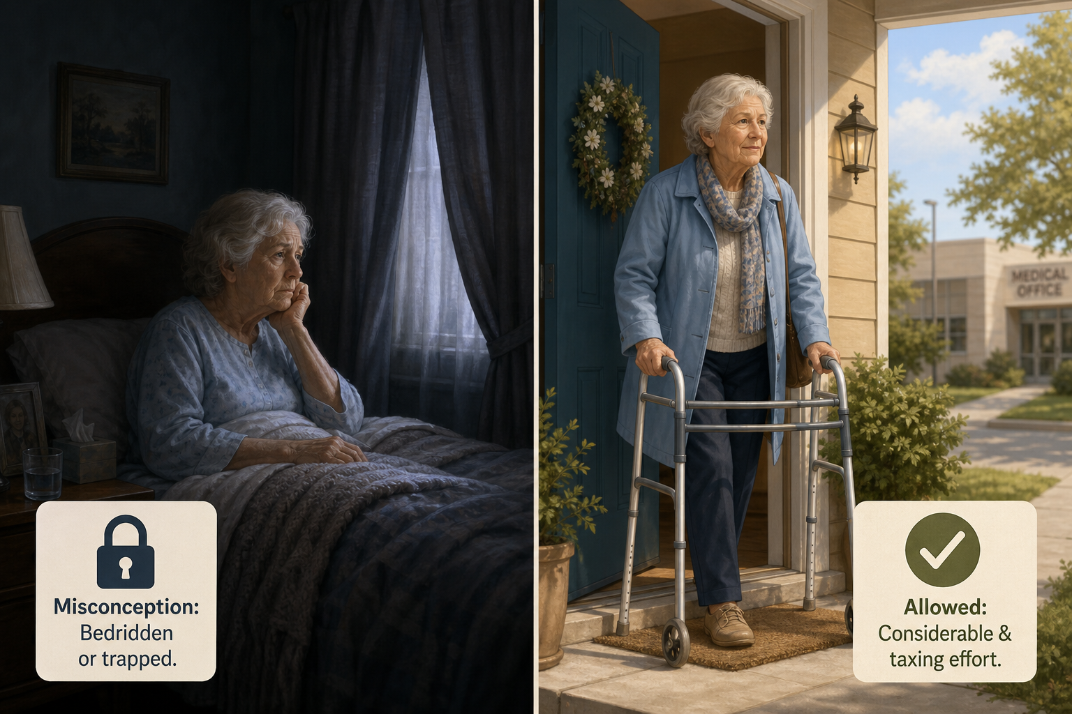 Split-composition illustration contrasting the misconception of being bedridden with the actual standard of considerable and taxing effort.