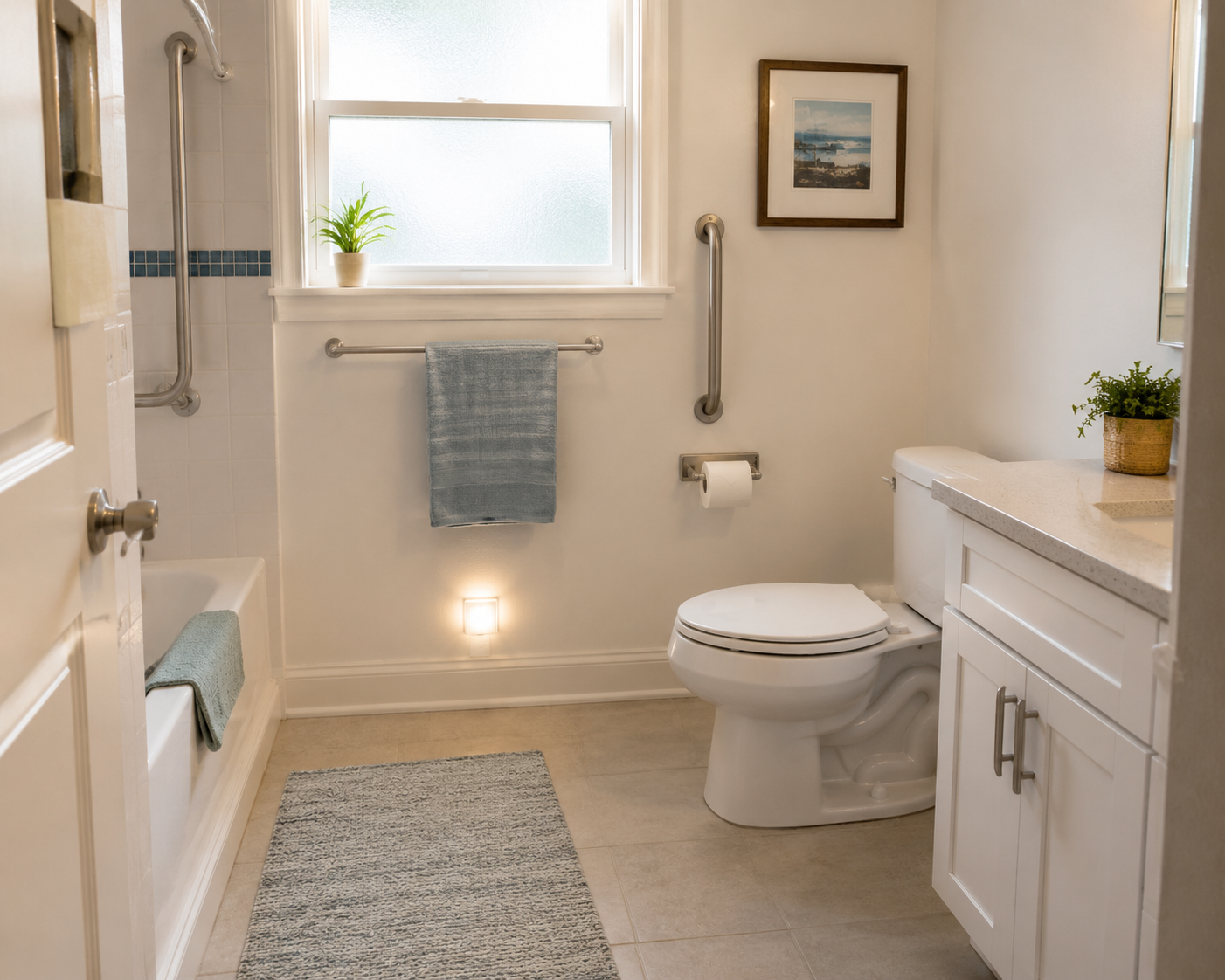 Bathroom with grab bars, non-slip mat, nightlight, and clear floor space