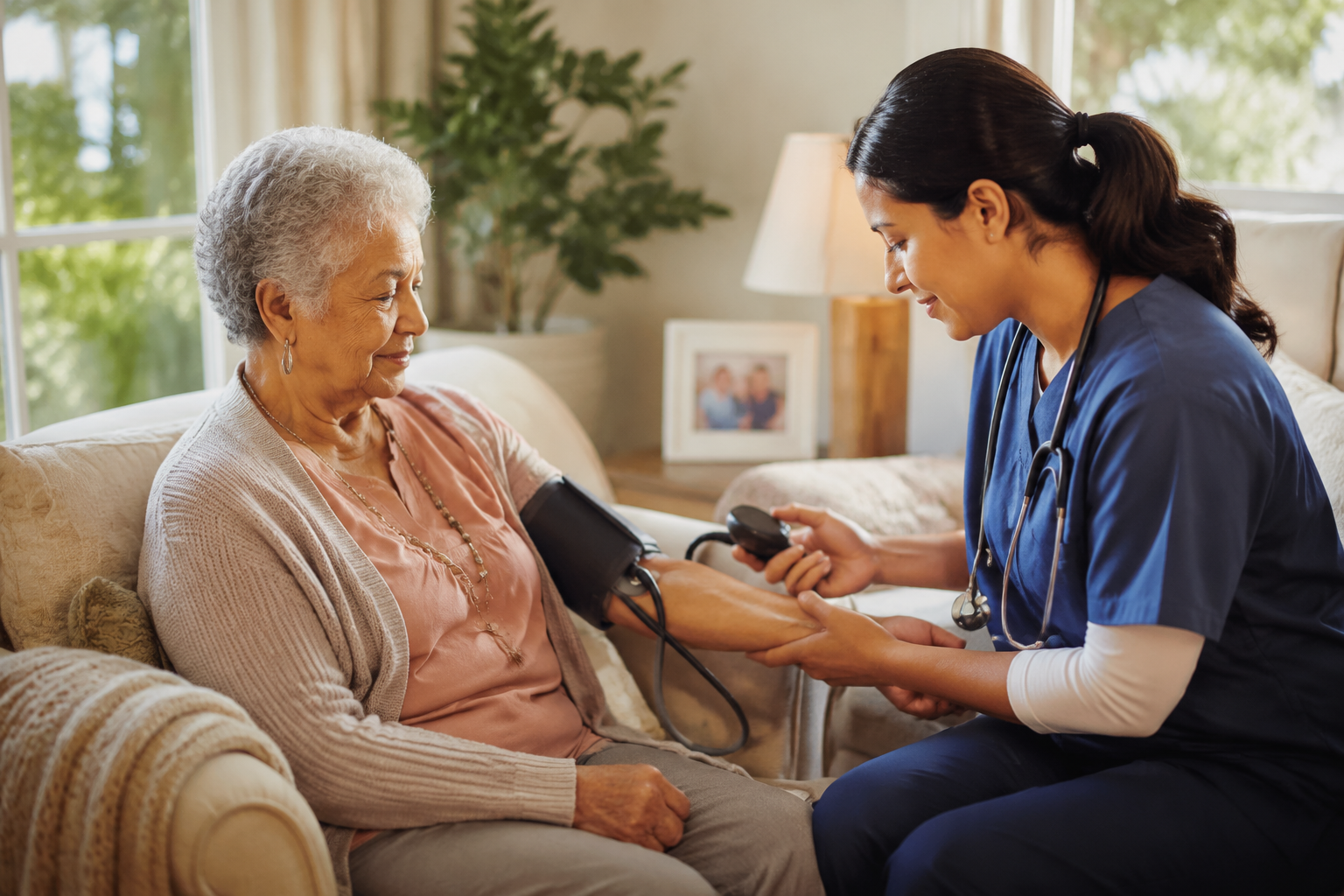 Home health nurse checking an older woman's blood pressure in a living room
