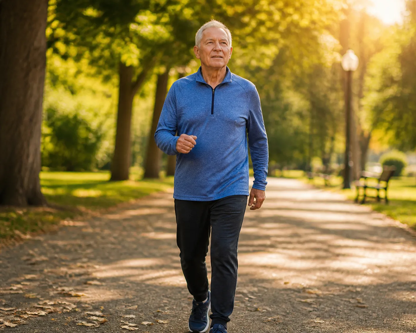 Older adult walking briskly on a tree-lined park path in warm morning light