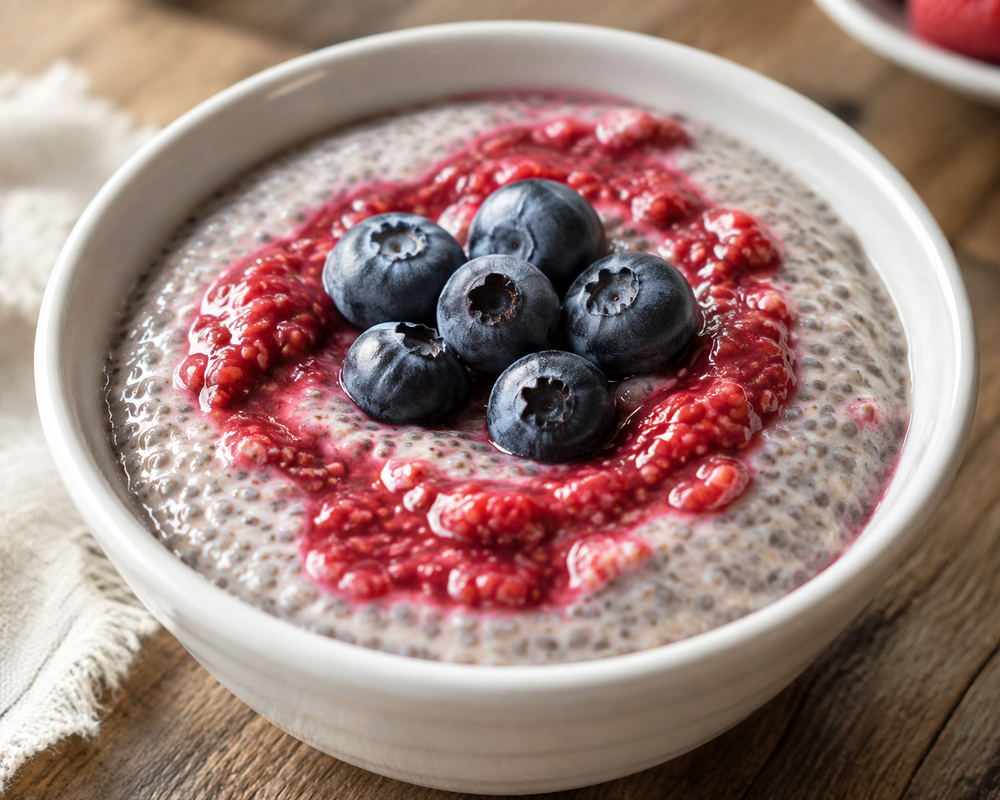 Creamy chia pudding topped with mashed raspberries and blueberries