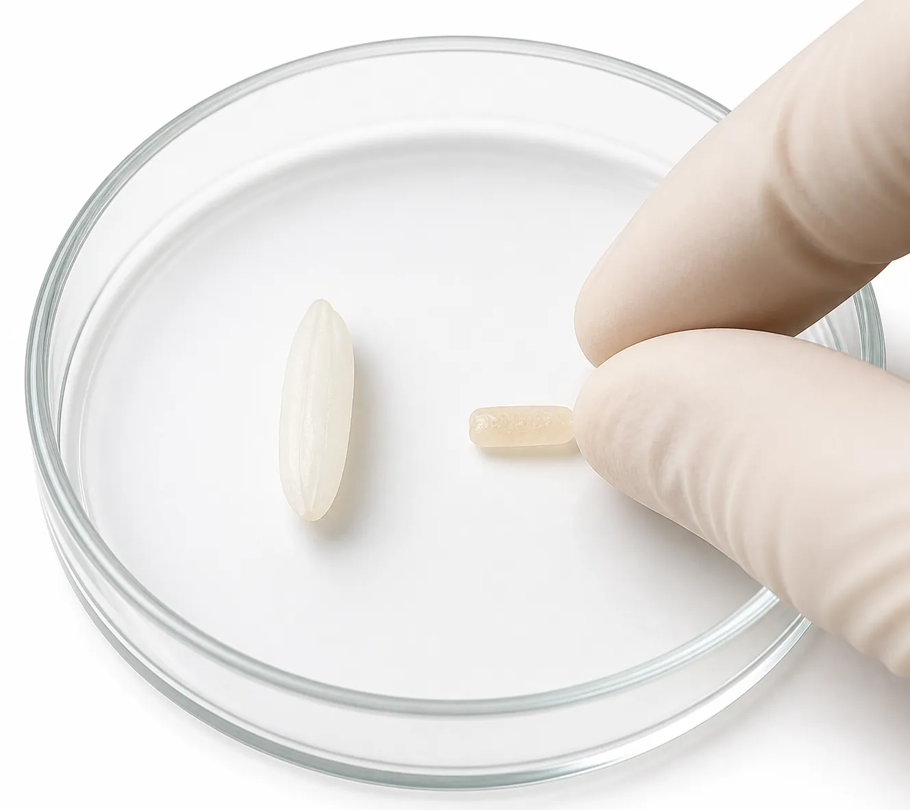 Clinical illustration of a pale rice-grain-sized tapeworm segment shown next to a grain of white rice for scale