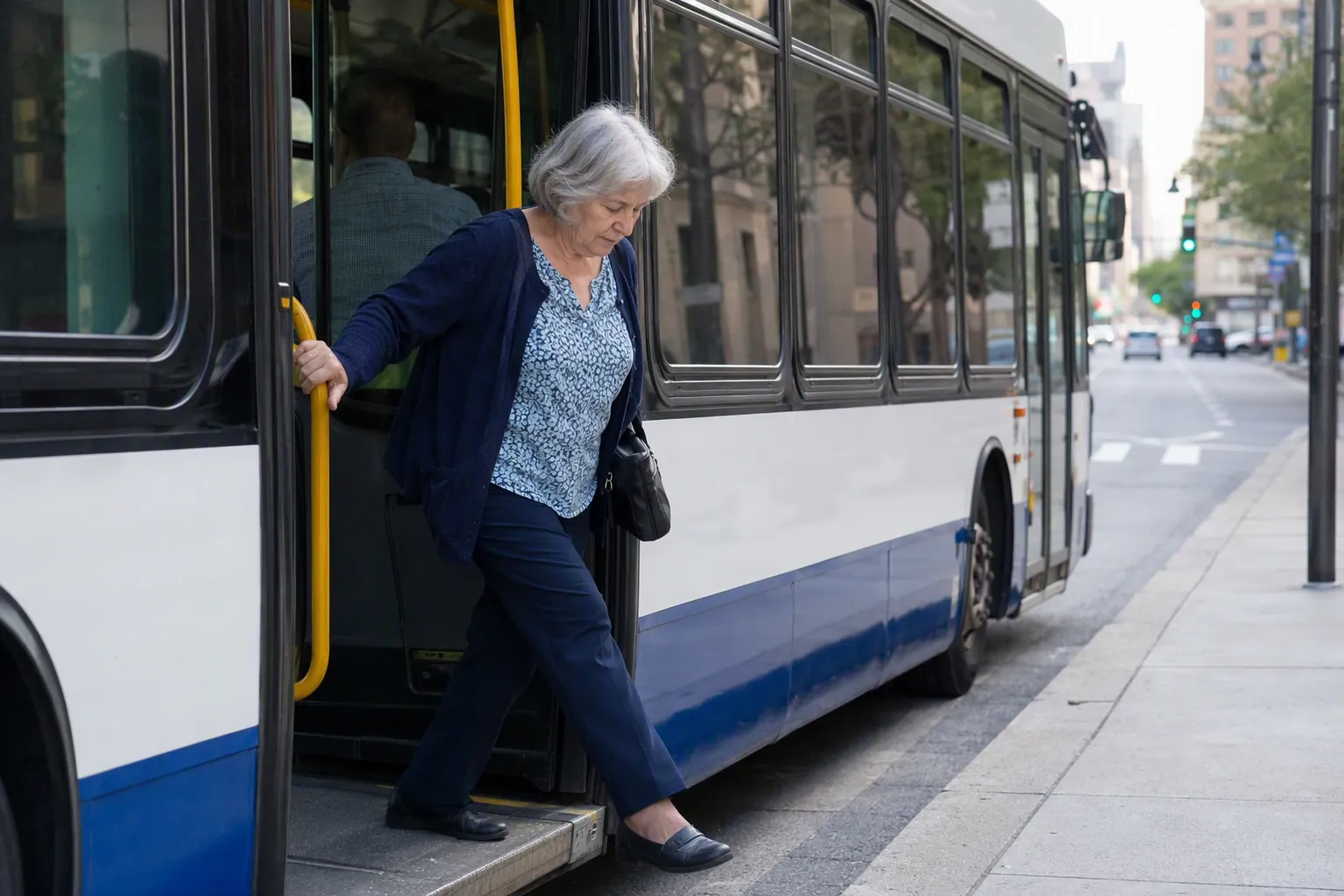 Older woman stepping down from a stopped city bus onto the curb while holding the handrail