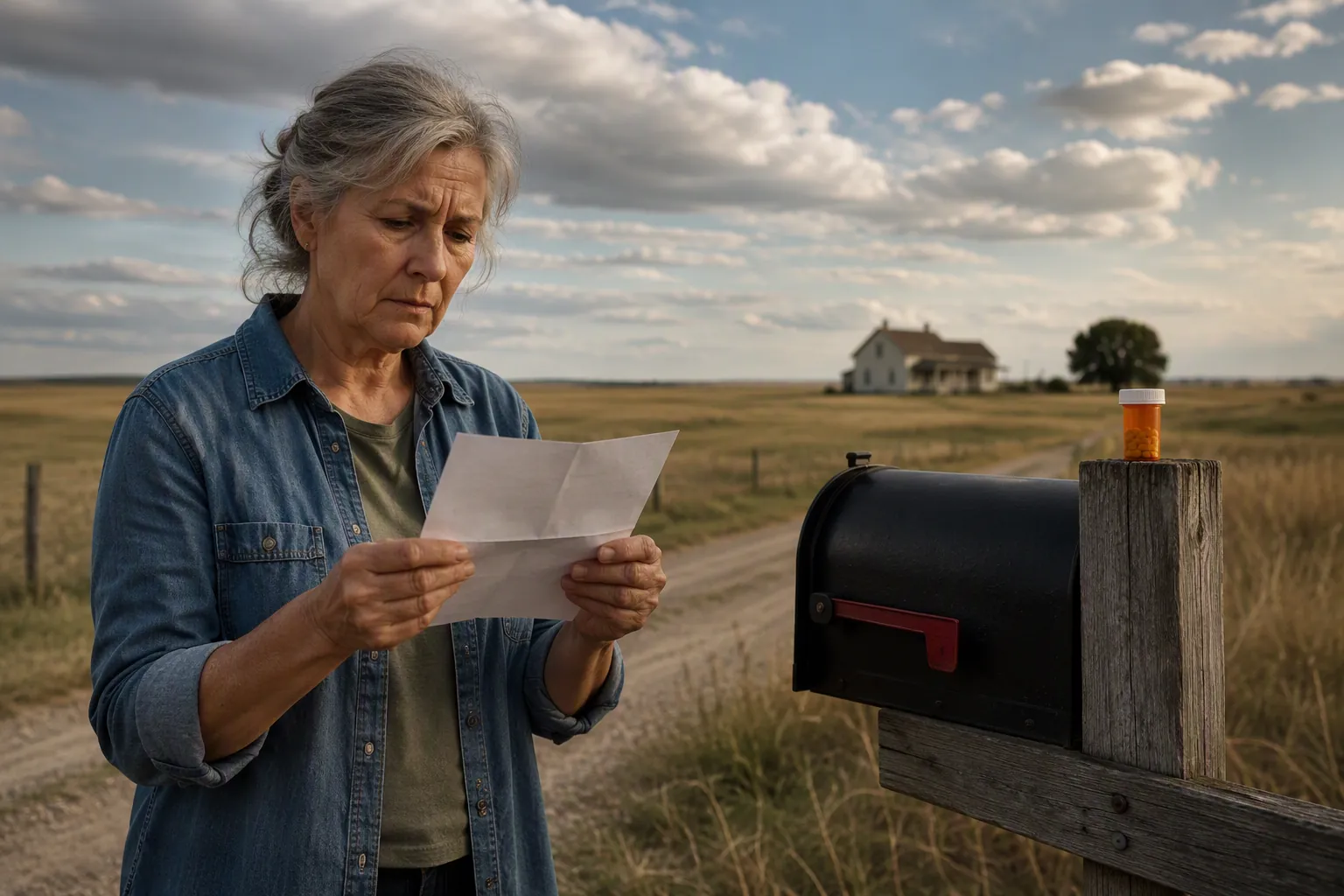 Older rural resident standing by a mailbox with an insurance letter and a prescription bottle nearby