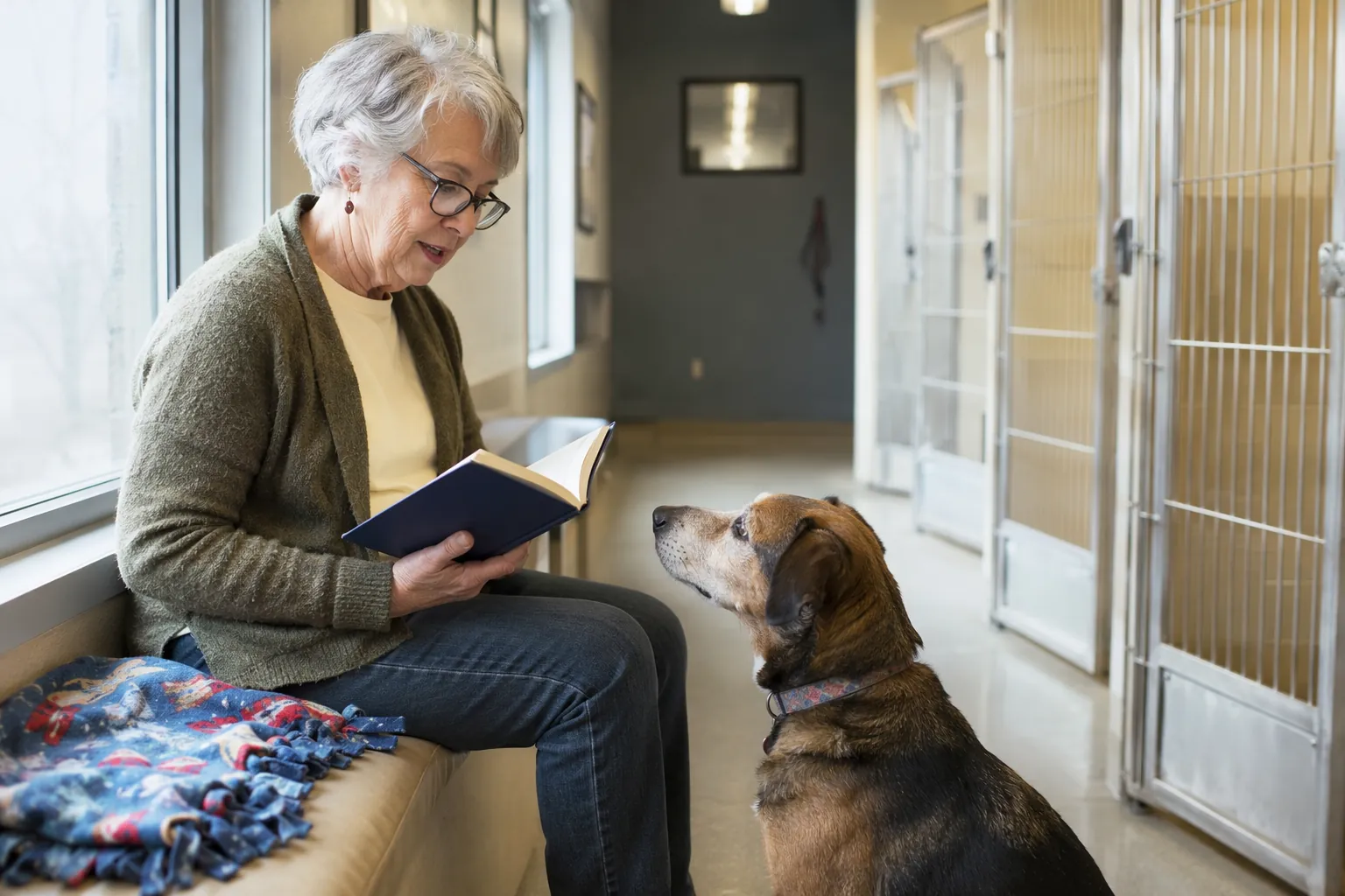 Older adult woman reading aloud to a calm shelter dog inside a bright animal shelter