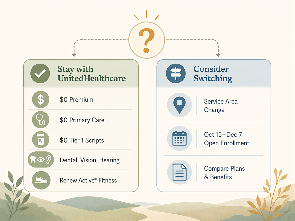 A decision-flow illustration with two paths: Stay with UnitedHealthcare showing icons for $0 premium, $0 primary care, $0 Tier 1 scripts, dental/vision/hearing, and fitness; and Consider Switching showing icons for a map pin, a calendar, and a document.