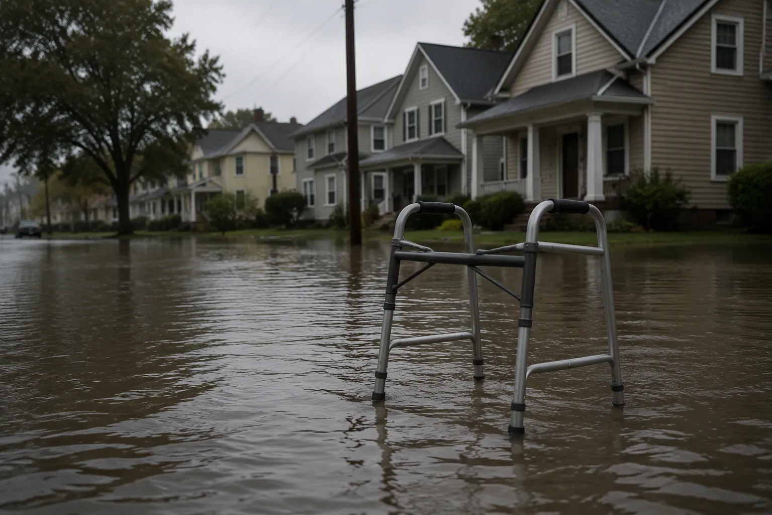 Rolling walker partly submerged in shallow murky floodwater on a residential street