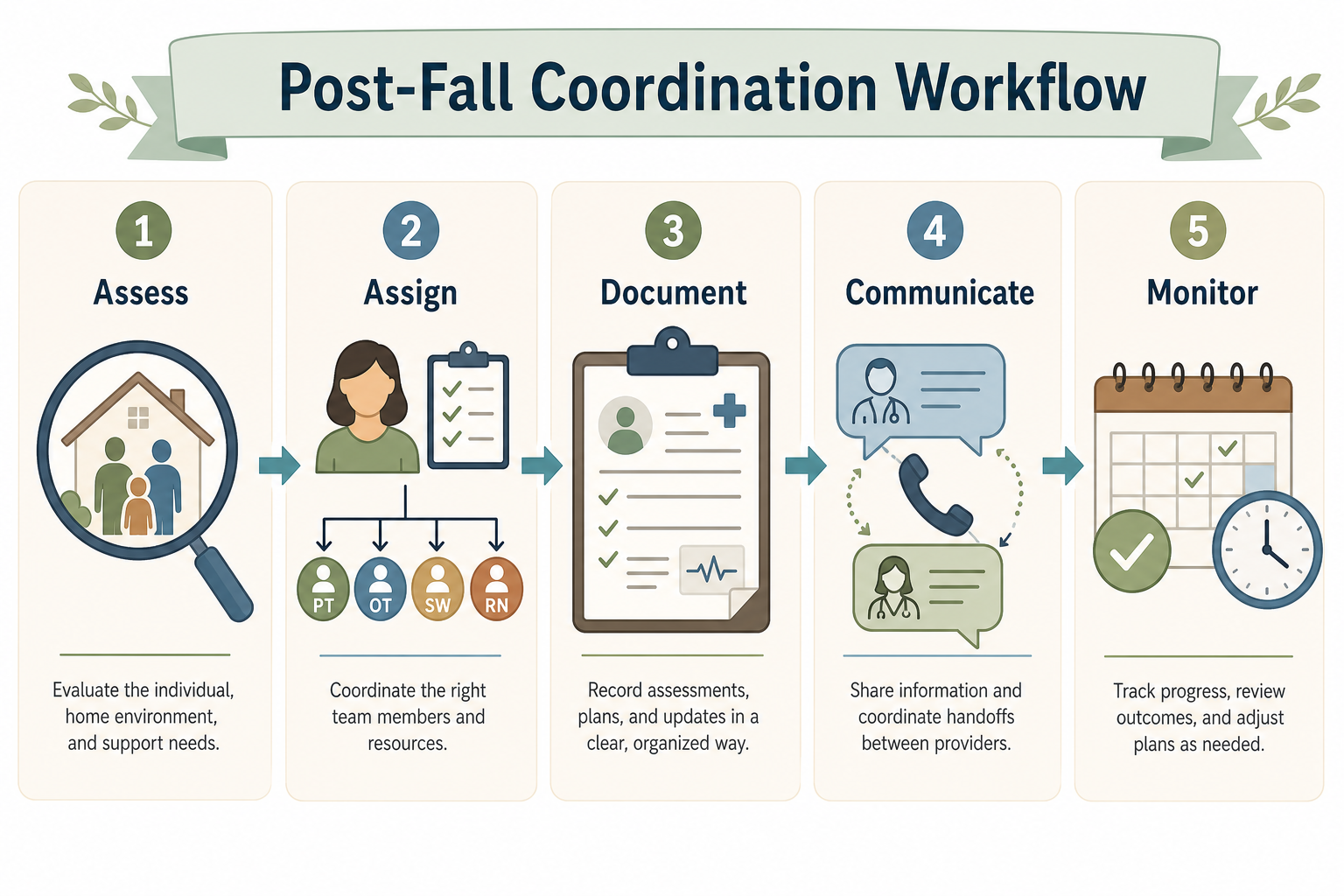 A five-step horizontal workflow illustration showing Assess, Assign, Document, Communicate, and Monitor as connected steps with icons.
