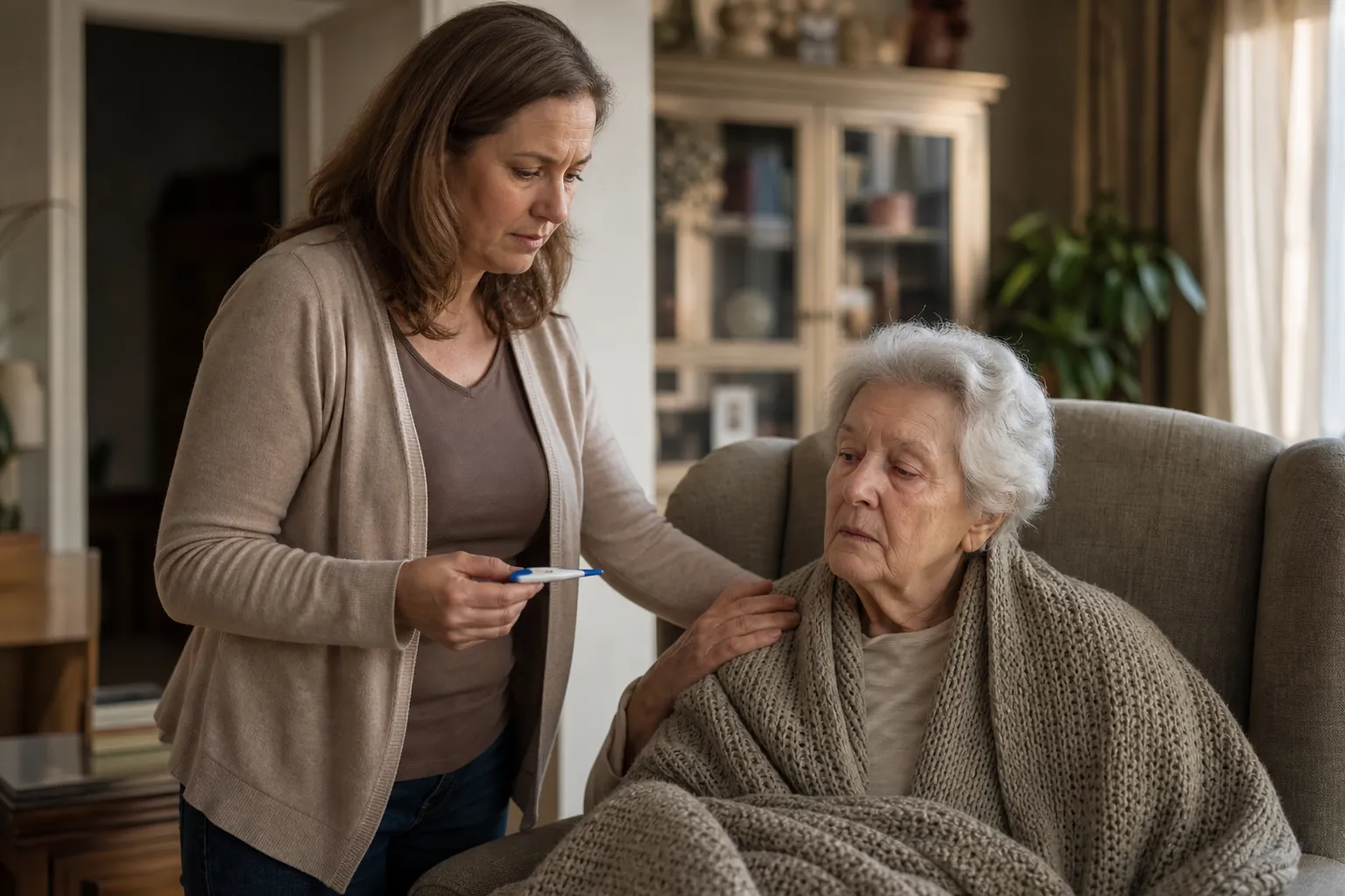 Adult caregiver checking an elderly parent with a digital thermometer at home
