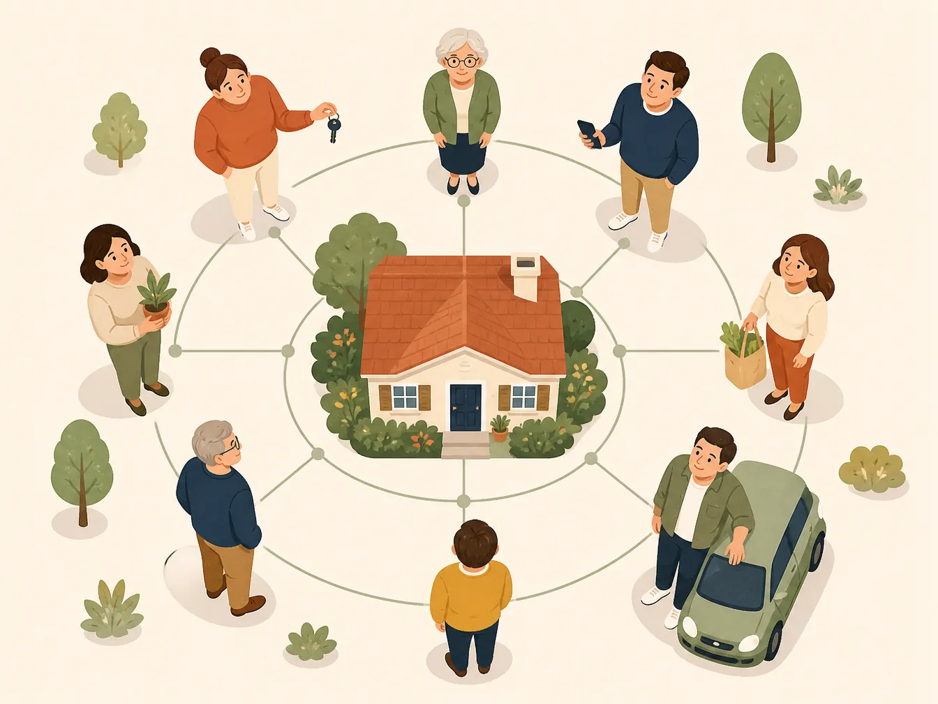 Illustration of a small house connected to family members, neighbors, and helpers holding a key, phone, car, and bag