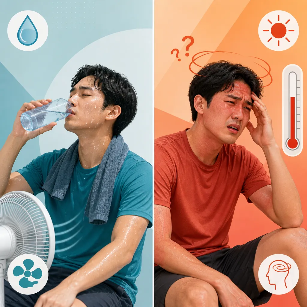 Side-by-side visual comparison of heat exhaustion and heat stroke signs