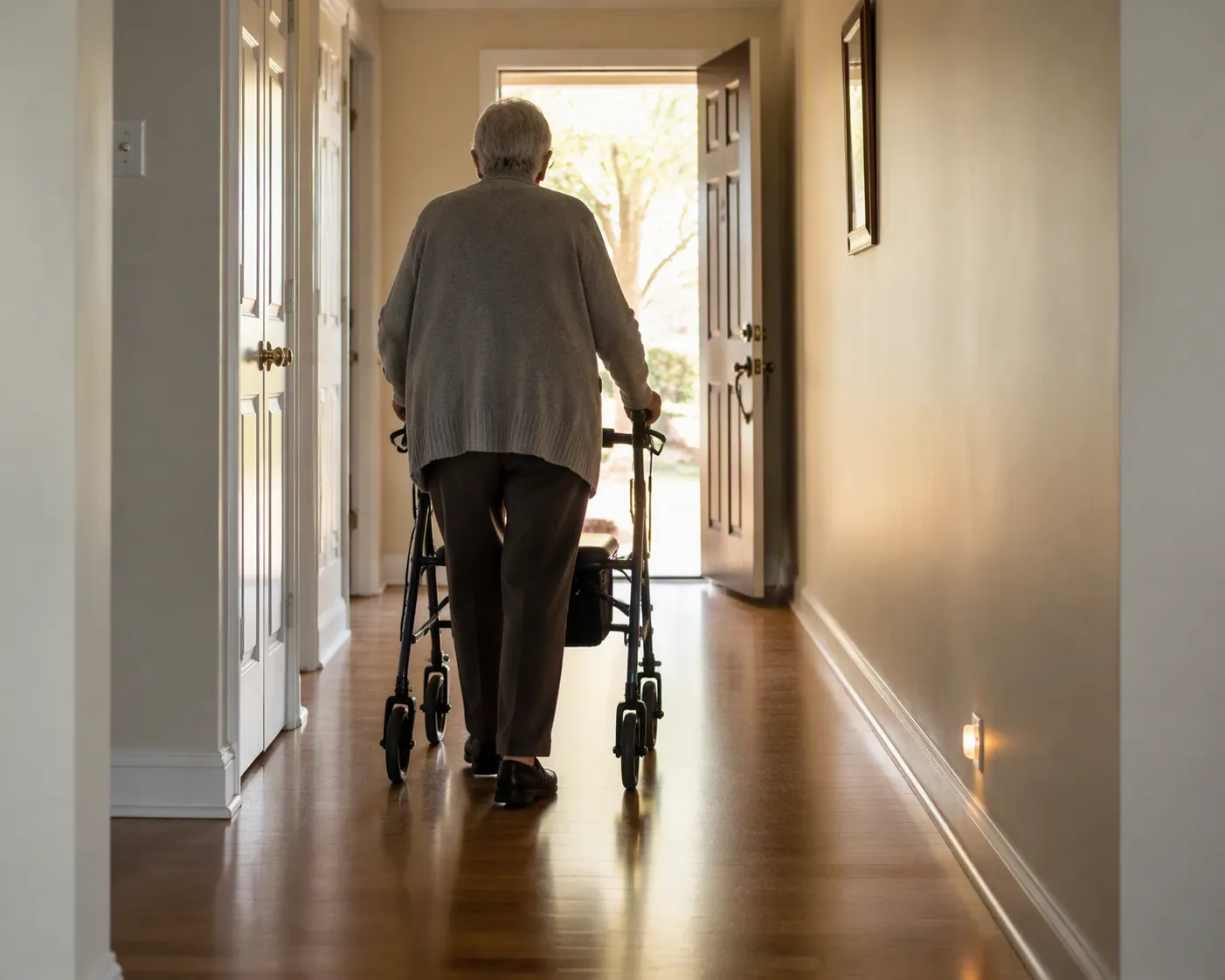 Older adult using a four-wheel walker moving through a clear, well-lit hallway toward an open front door