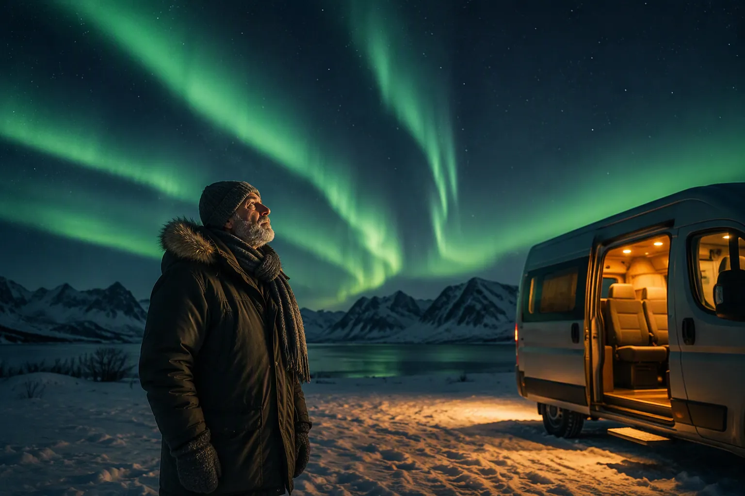 Older traveler standing in snow under northern lights while a warm minibus waits nearby