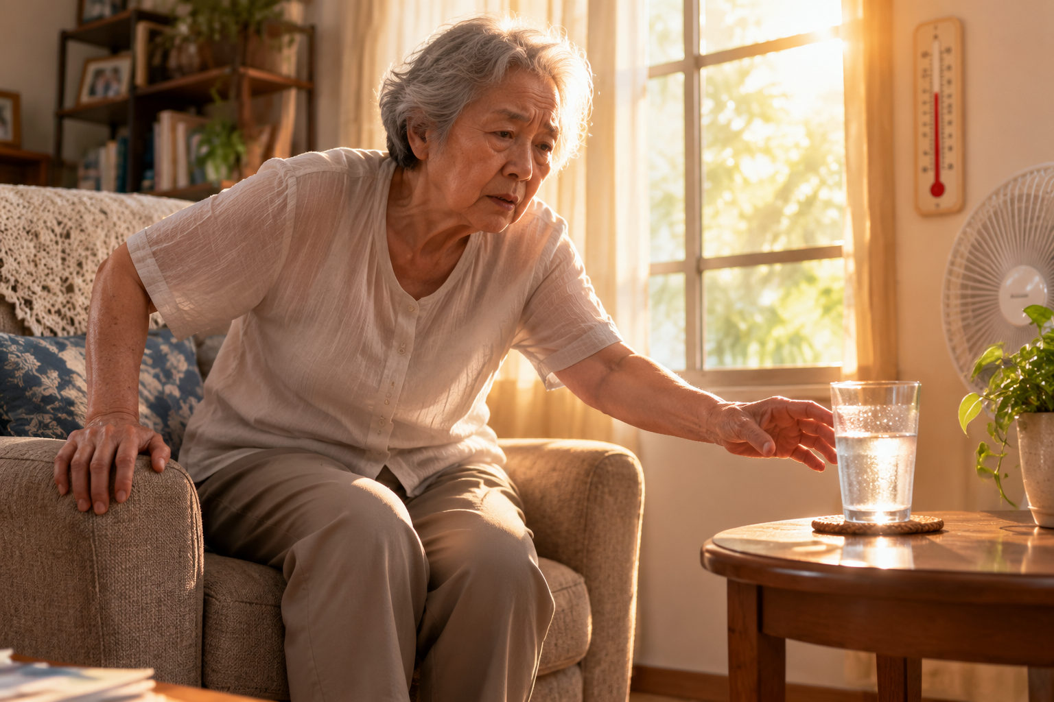 Older adult seated in a warm living room reaching toward water