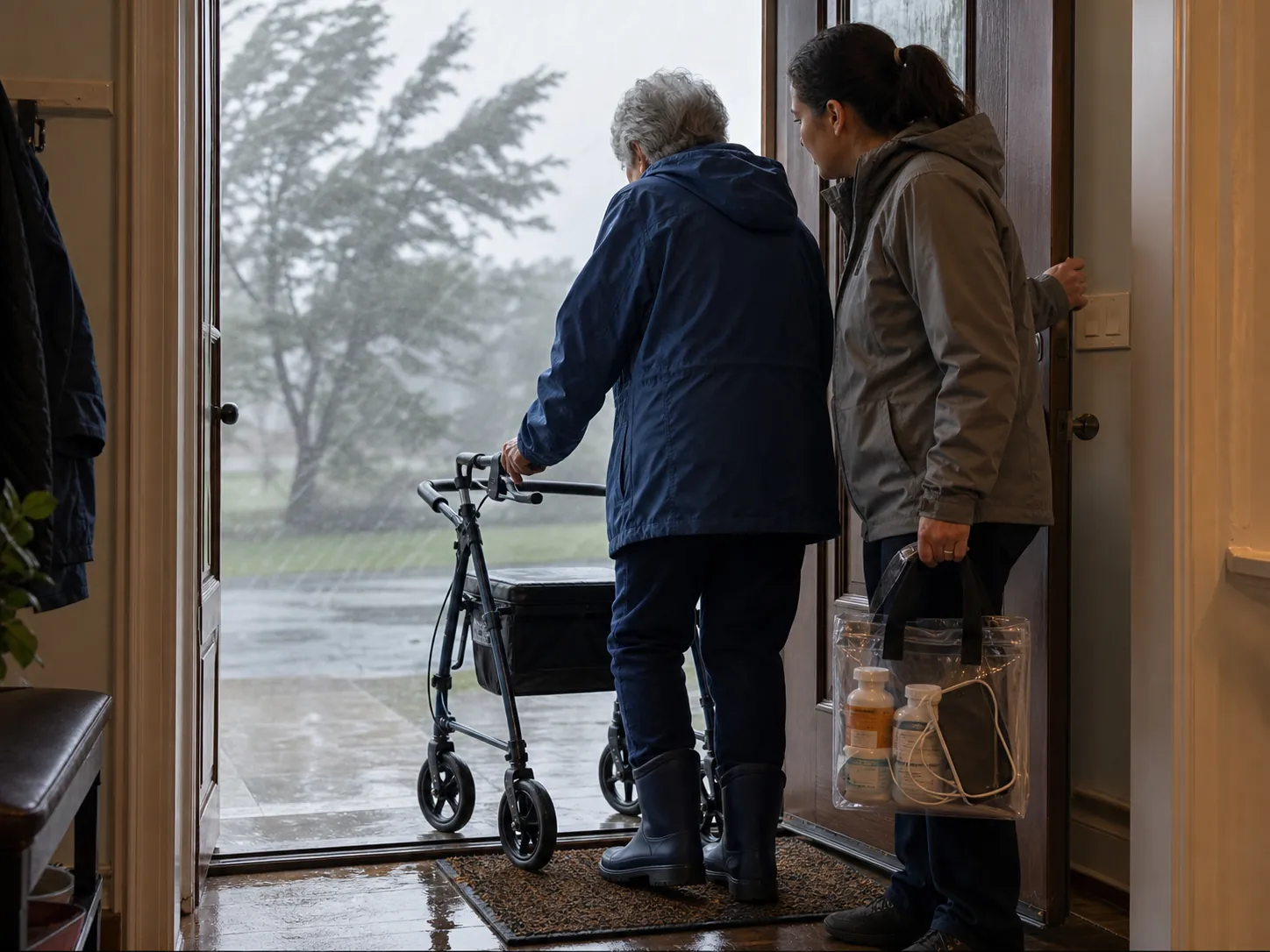 Older adult with a rollator at an open doorway during rain while a caregiver holds an emergency bag with medication and a phone charger
